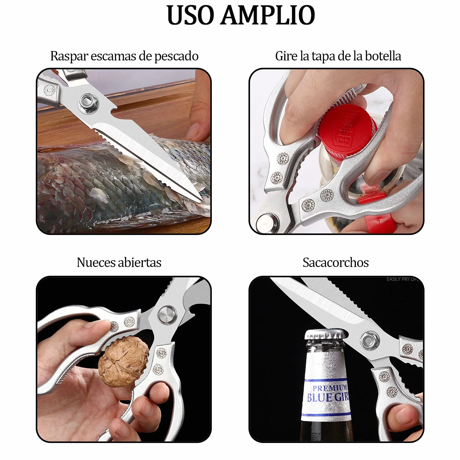 Forbici da Cucina Resistenti,5 in 1 Trinciapollo Multifunzionali in Acciaio Inox,25cm Impugnatura Ergonomica e lame in titanio,per Casa Uso,Osso di Pollo,Carne,Verdura,Pollame,Pesce,Erbe,Noci,Argento