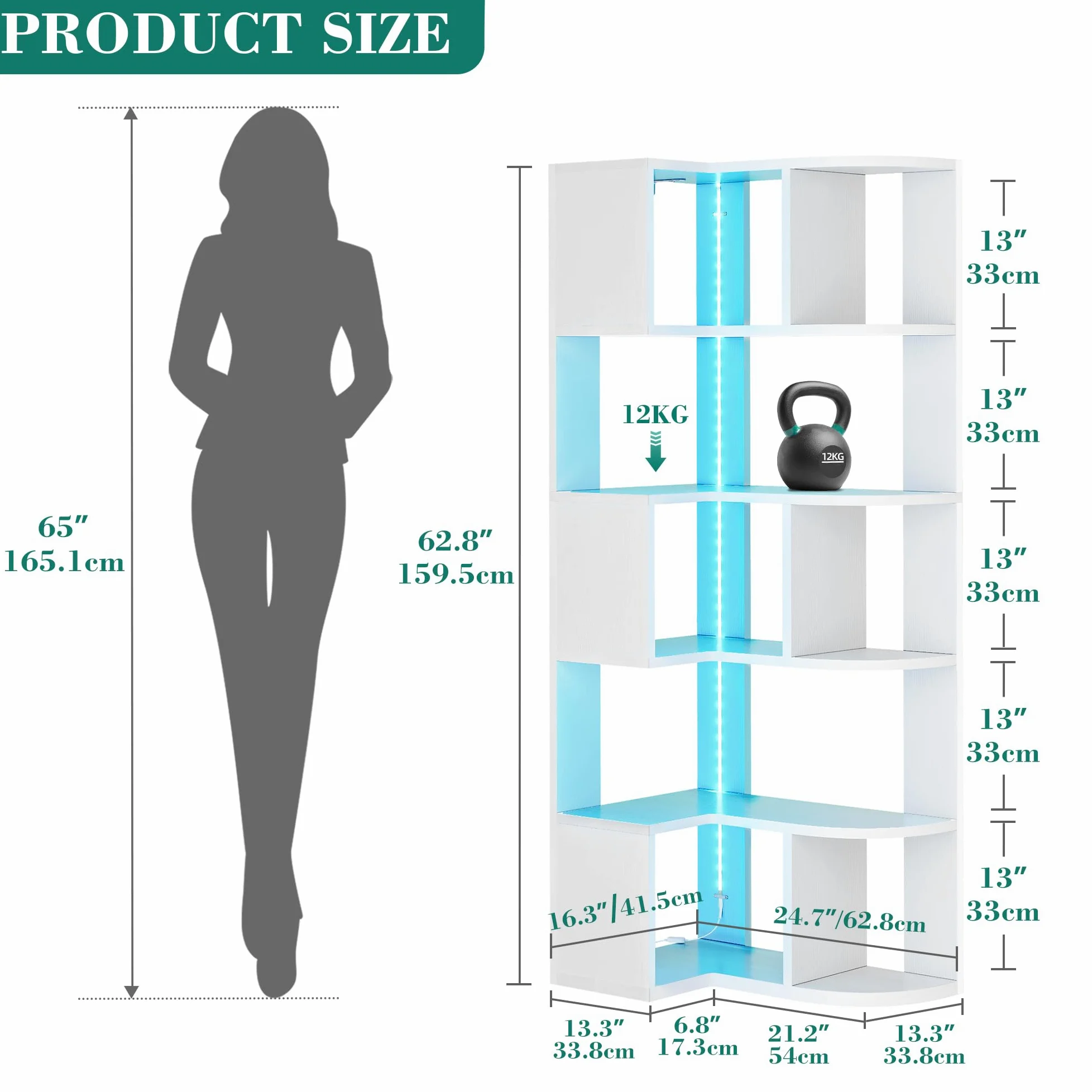 YITAHOME Libreria angolare a 6 ripiani con LED, a forma di L, scaffale angolare, scaffale da pavimento, per ufficio, studio, soggiorno, camera da letto, 64 x 41,5 x 159,5 cm, bianco