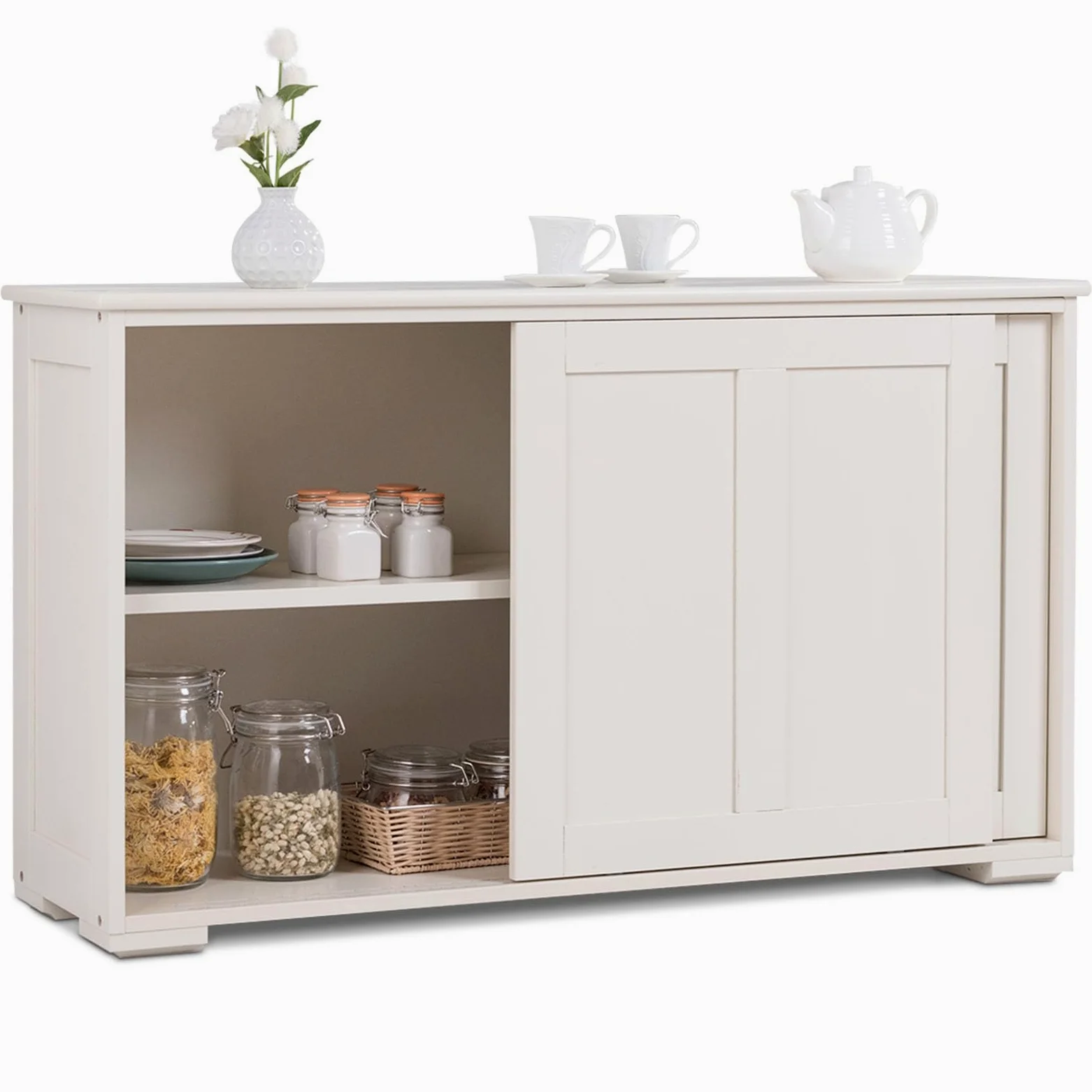 COSTWAY Armadietto da Cucina Mobiletto per Cucina Composto da 2 Porte Scorrevoli Dimensioni: 106,5 x 33 x 60 cm (Crema)