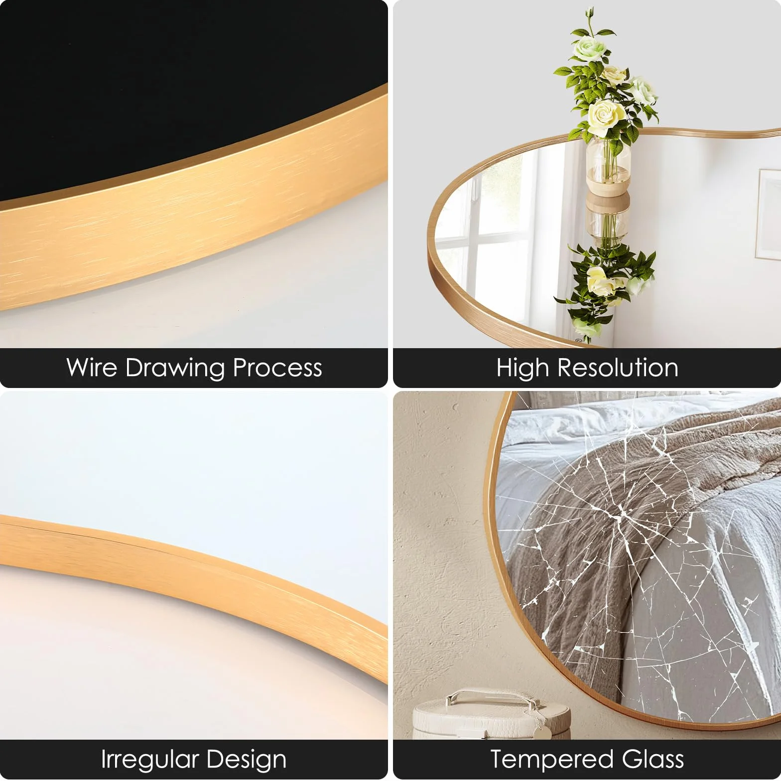 MAMIZO Specchio asimmetrico, 50 x 91 cm, specchio da parete di forma irregolare, vetro temperato, cornice in alluminio, specchio decorativo, specchio da trucco unico, specchio da bagno, oro