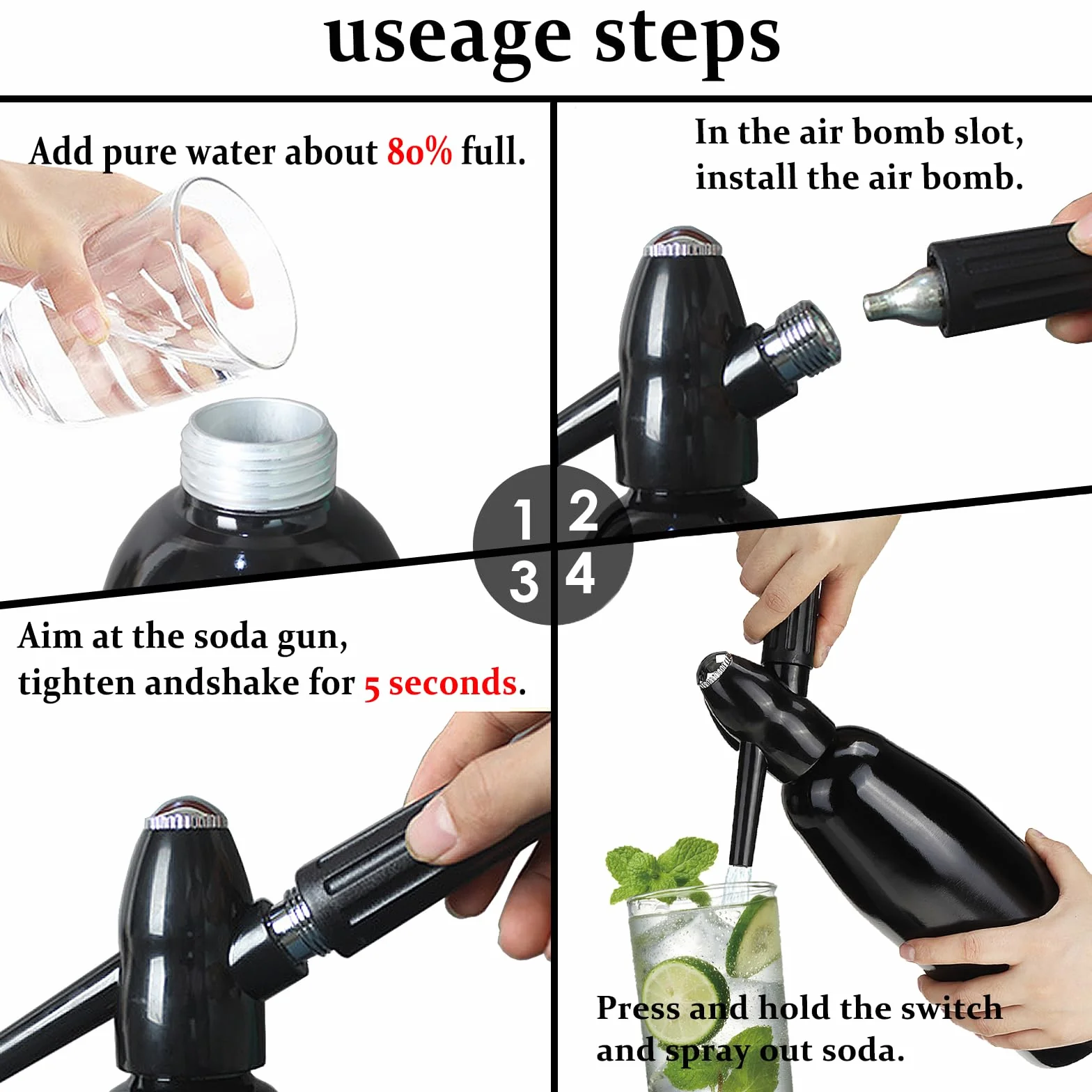 Sifone portatile per soda da 1 litro, in alluminio, per acqua gassata fai da te, kit di bottiglie per acqua frizzante nostalgica per rinfrescare seltzer, cocktail, succhi e bevande gassate (nero)