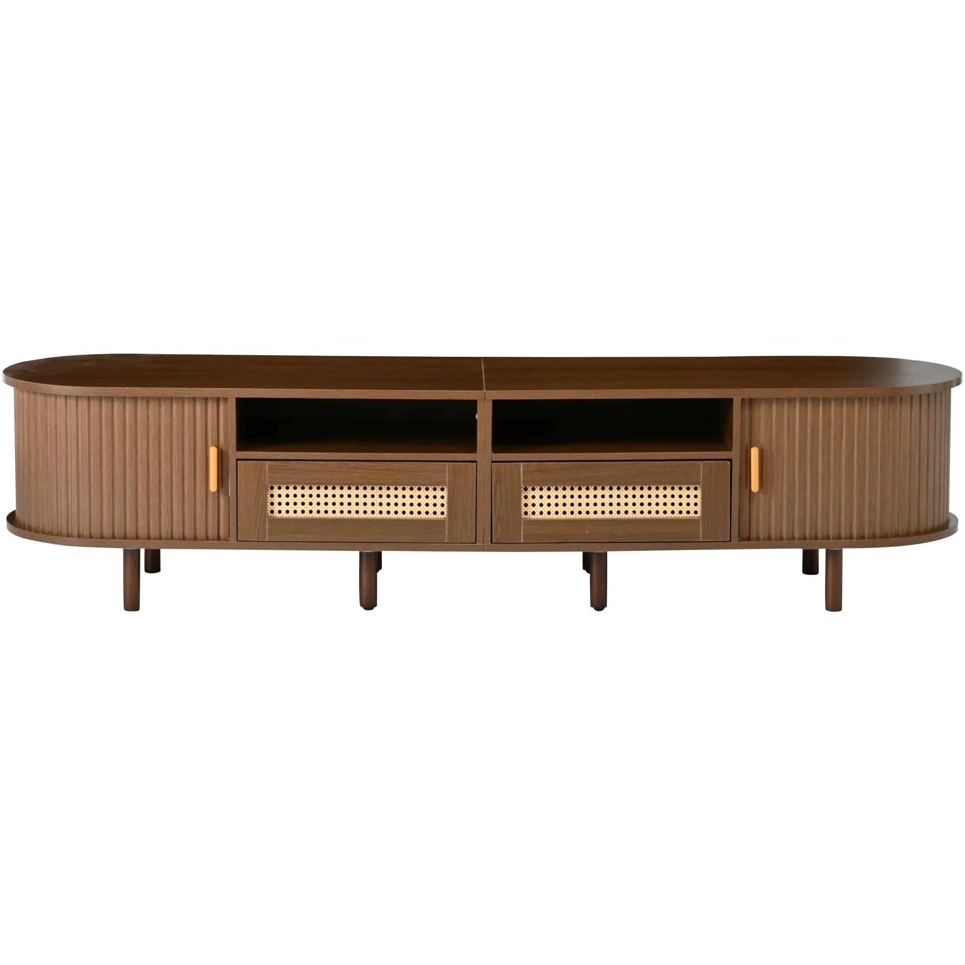 SACOOL Supporto per TV ovale e tavolo per TV, 170 x 40 x 40 cm, mobile TV con 2 cassetti design in rattan, 2 ante scorrevoli, lowboard fino a 70 pollici, tavola TV e cassettiera TV, noce