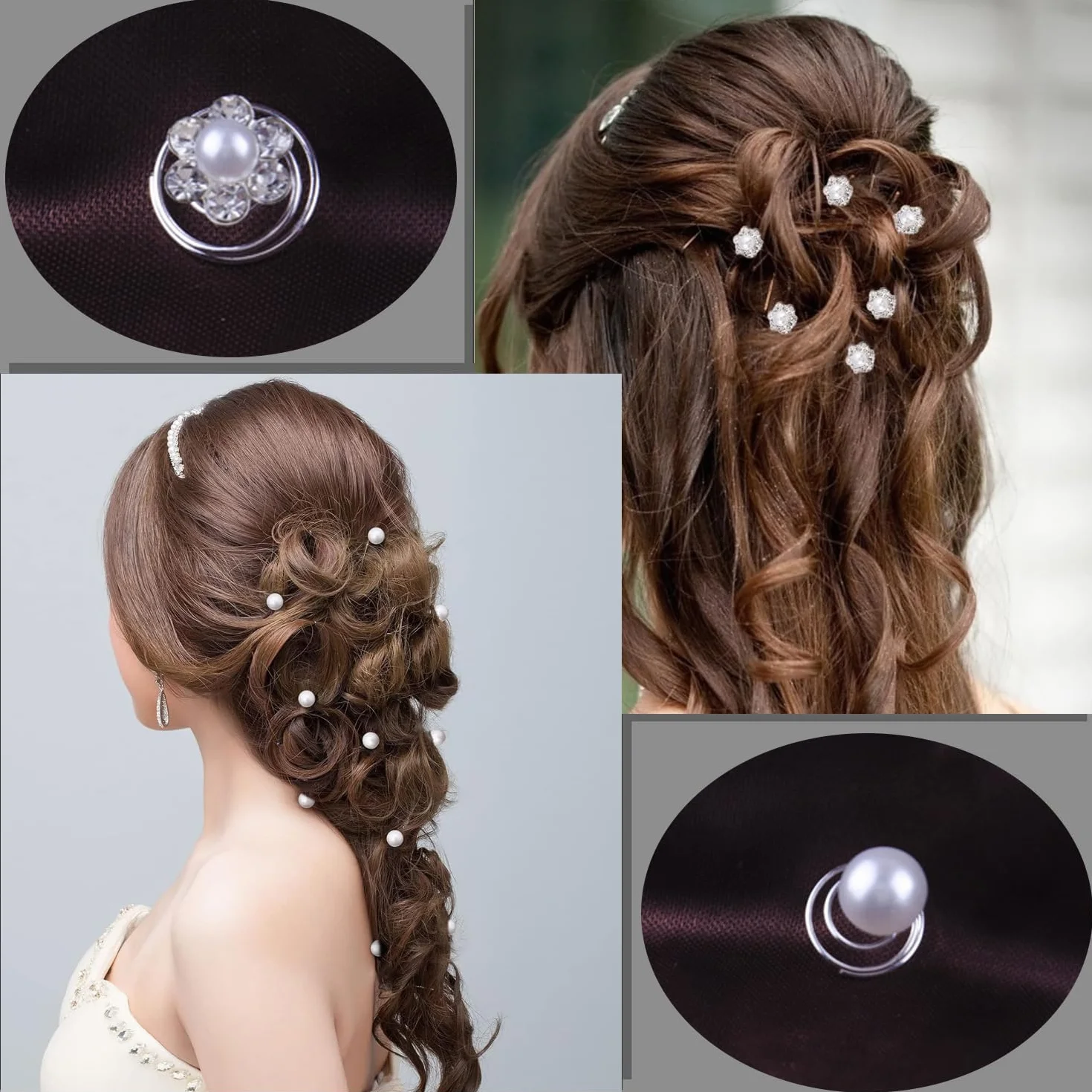 Forcine per capelli da sposa a spirale con strass perle diamante fiori 2 stili