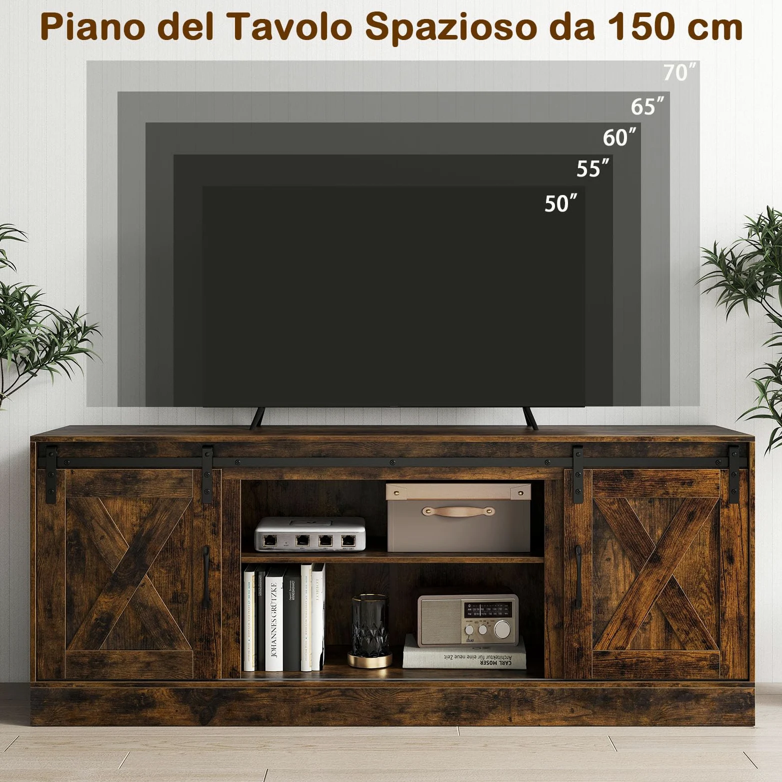 COSTWAY Mobile TV Soggiorno fino a 70'', Tavolino Porta TV con Porte Scorrevoli, Ripiani Regolabili, Consolle Media 150 cm per Soggiorno, Camera da Letto e Ingresso
