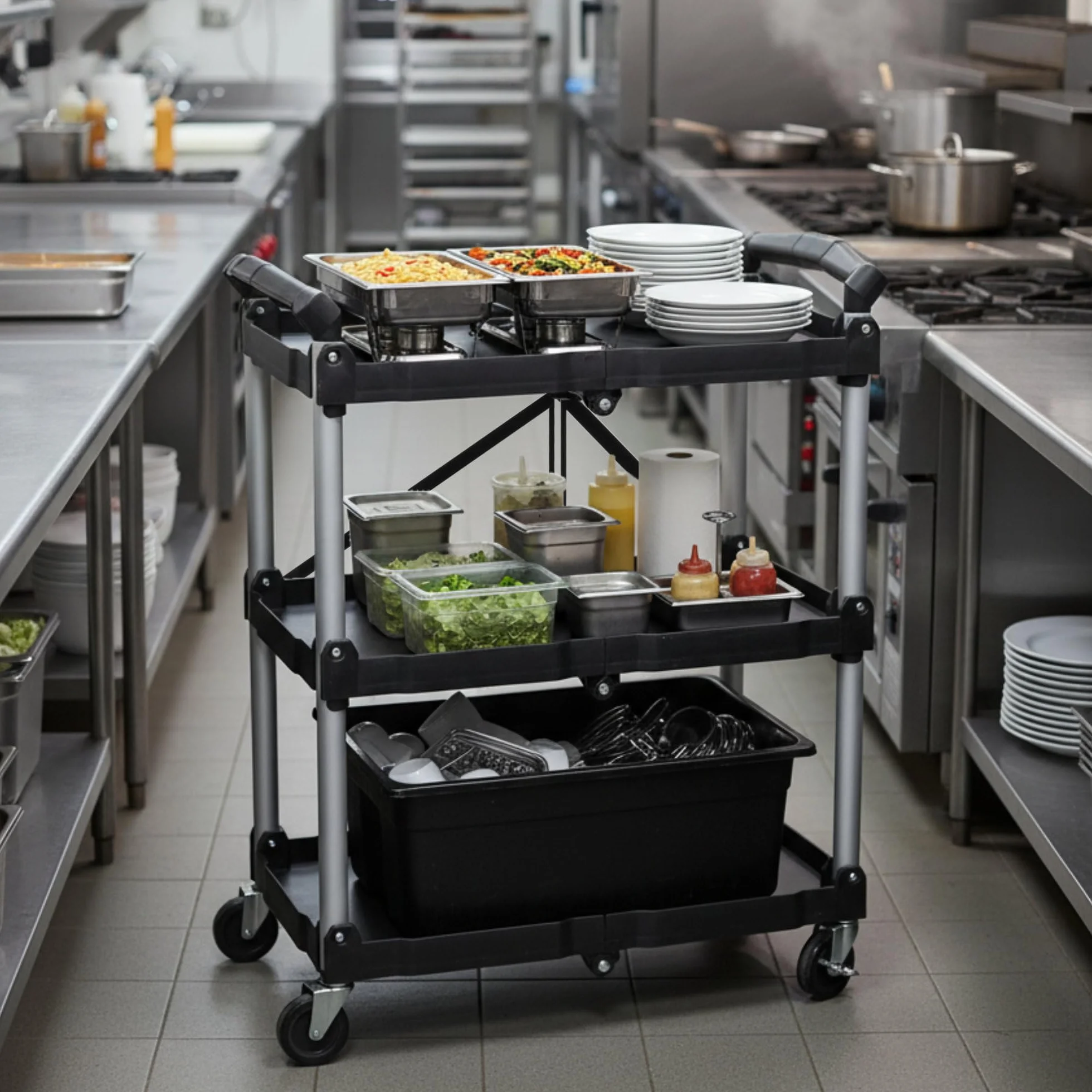 Mahlzeit Carrello di servizio pieghevole con rotelle | 64 x 40,5 x 82 cm, portata fino a 150 kg | ripiano pieghevole a tre livelli, ripiano pieghevole in piedi Ripiano di stoccaggio