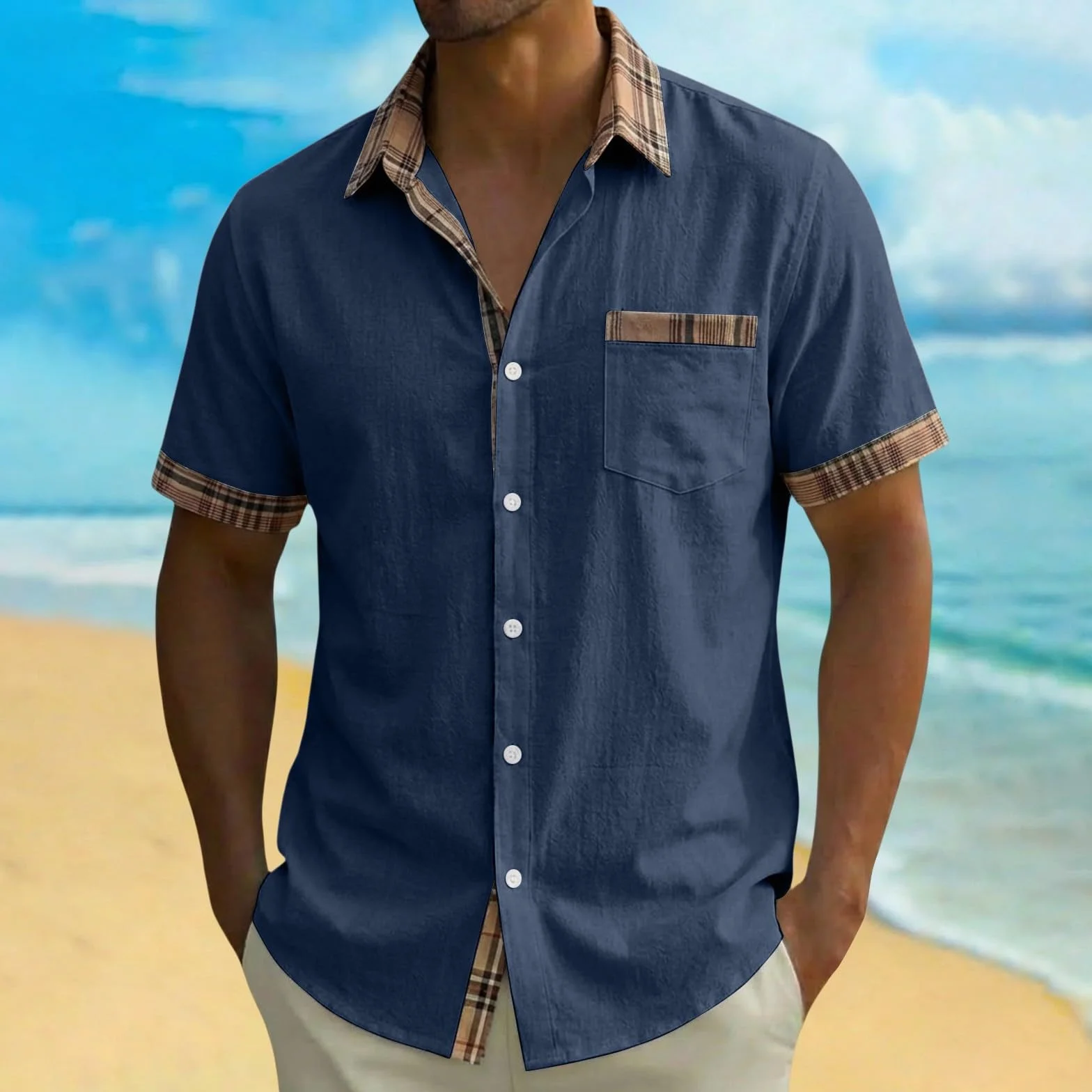 Camicia da uomo a maniche corte con bottoni casual estiva con tasca sul petto
