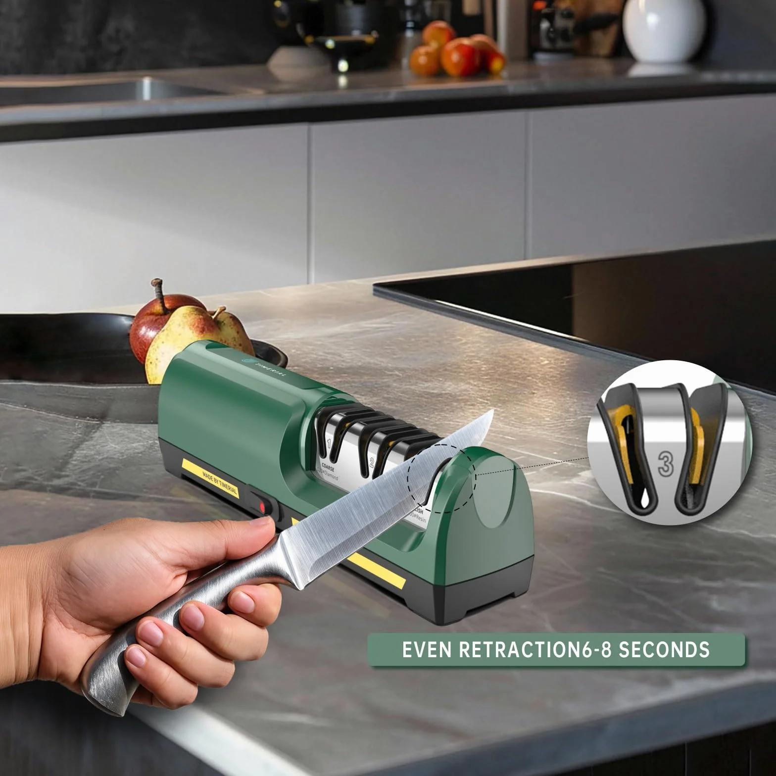 Affilacoltelli elettrico con disco abrasivo diamantato a 3 stadi e guida angolare 15° per coltelli da cucina