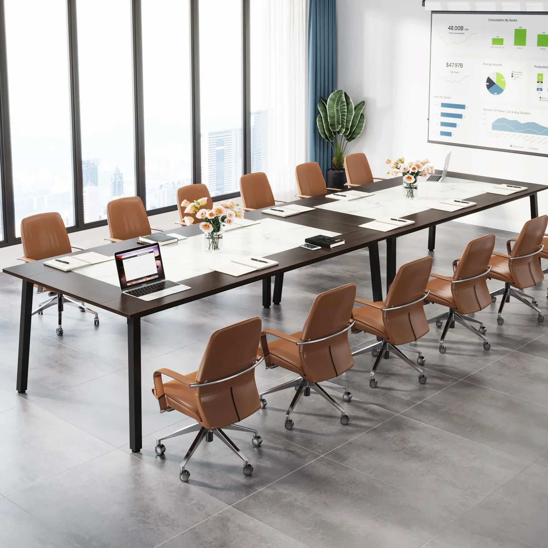 Tribesigns Large Conference Table Grande Tavolo da conferenze, Legno Ingegneria Metallo, Acero caffè + Calacatta Bianco + Nero, L