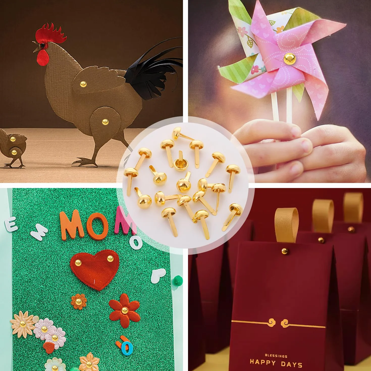 300 Pezzi Metallo Fermacampioni Piccoli, 8 x 16mm Fermacampioni Piccoli, Mini Scrapbooking Brads, Chiodi ad Angolo a Due Gambe, Oro Ferma Fogli Rotondi di Carta, per Scrapbooking DIY