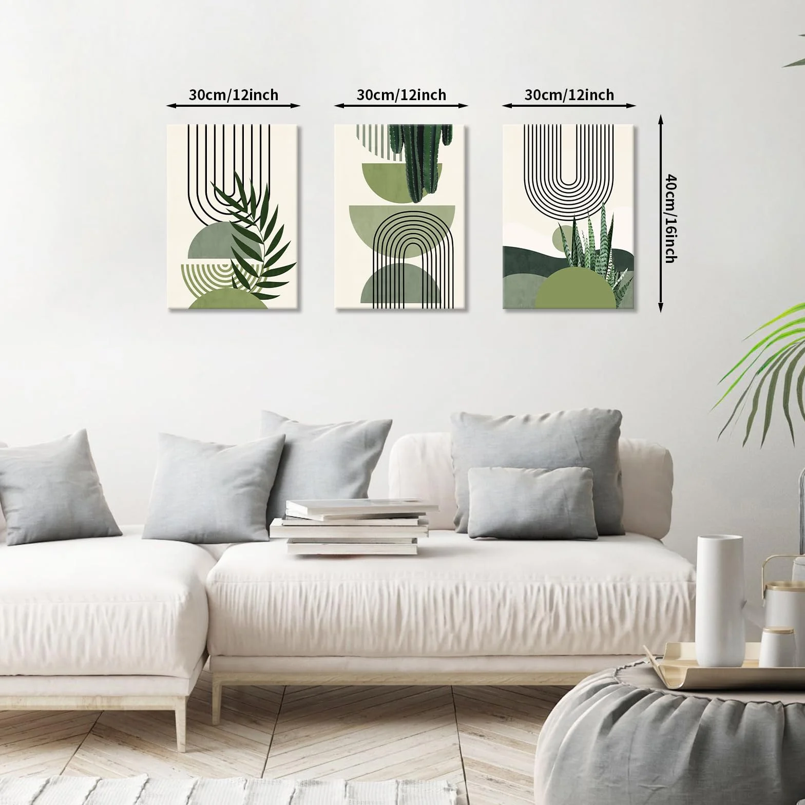 Quadri Moderni Verde Salvia Boho Stampa su Tela Con Cornice 30x40cmx3 Decorazione Murale