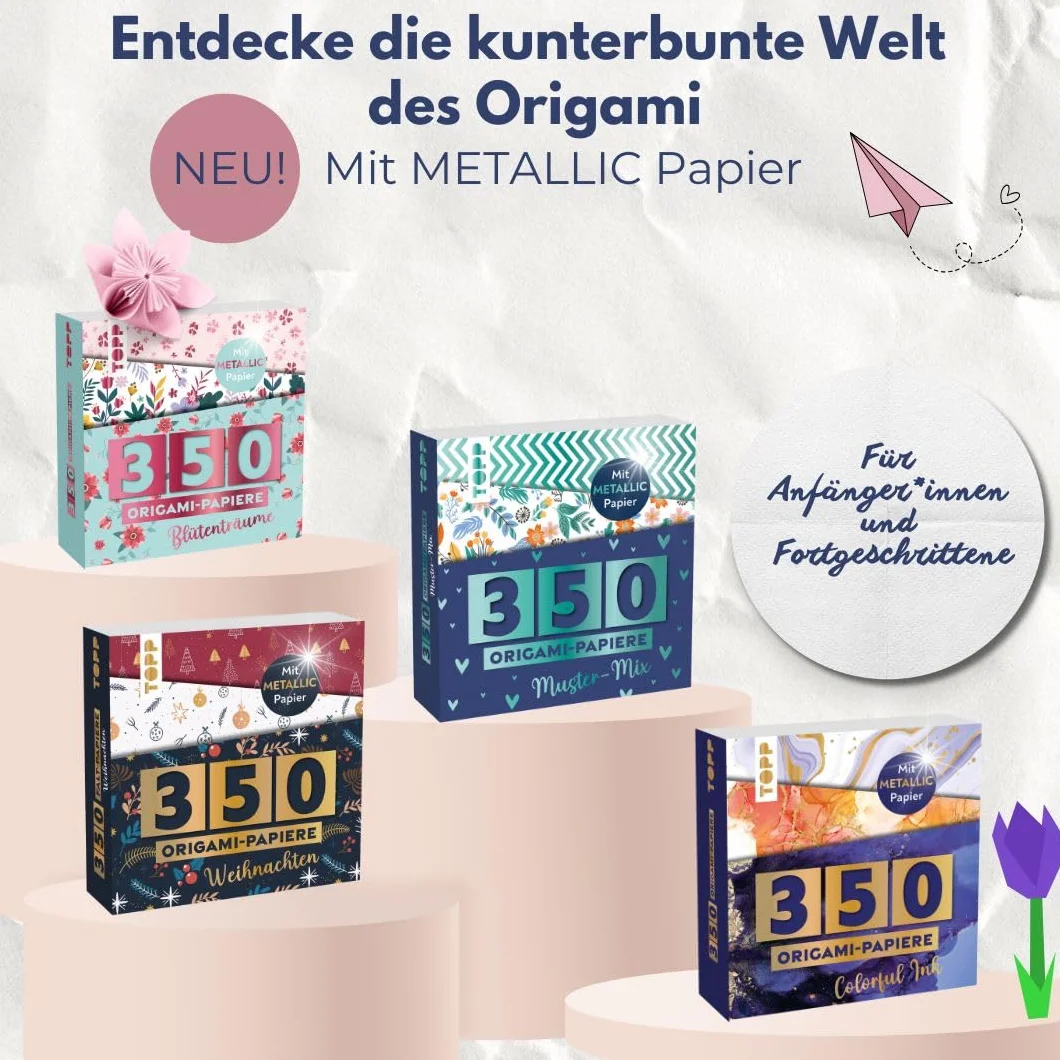 Origami Block Colorful Ink 350 Falt-Papiere 14x14 cm 80 g/m² 25 Designs Metallic-Folie Origami-Grundkurs Softcover