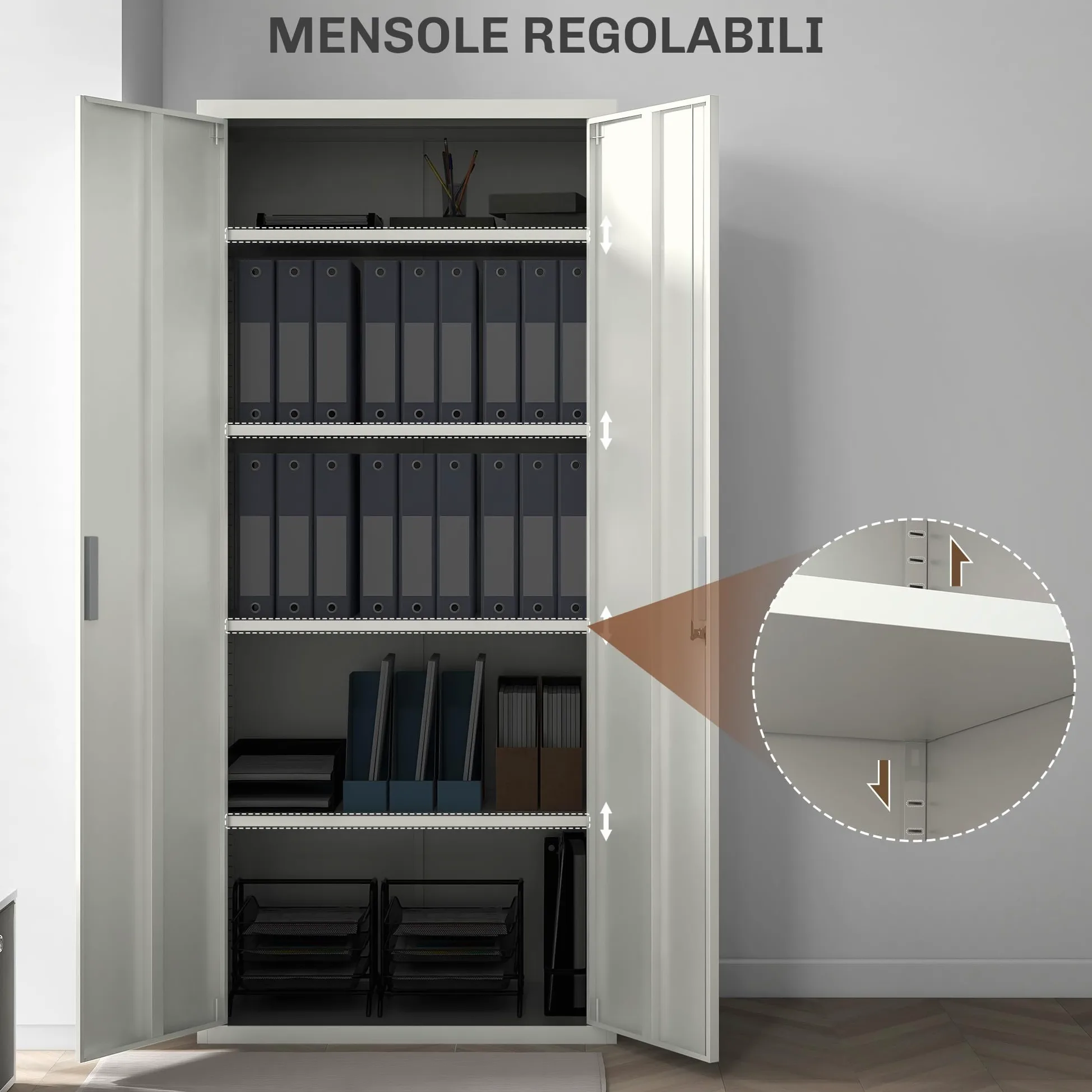 HOMCOM Armadio Ufficio a 5 Livelli con 4 Ripiani Regolabili, Armadio in Metallo Portadocumenti con 2 Ante, Serratura e 2 Chiavi, 80x40x180 cm, Bianco