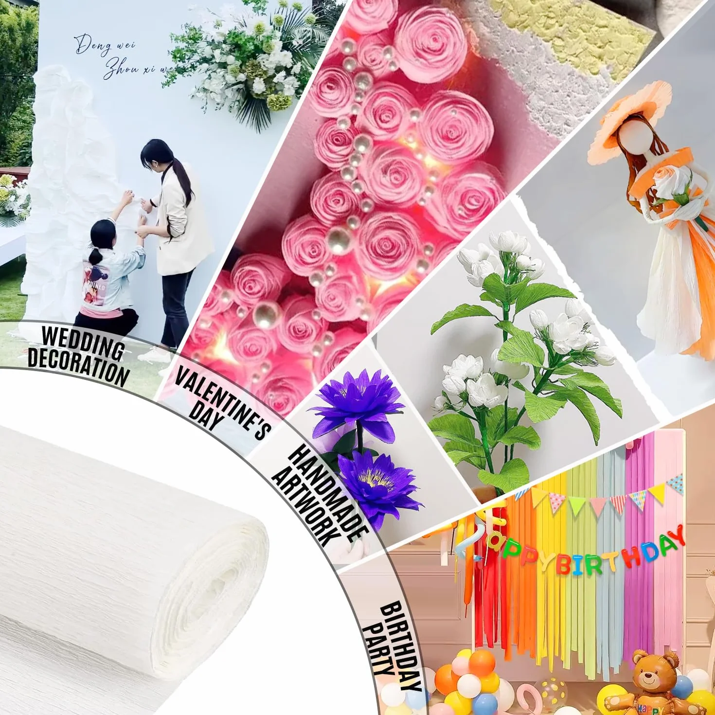 Carta Crespa 43x250 cm 3 Rotoli Bianco per Fiori Fai Da Te Artigianato Feste Decorazioni