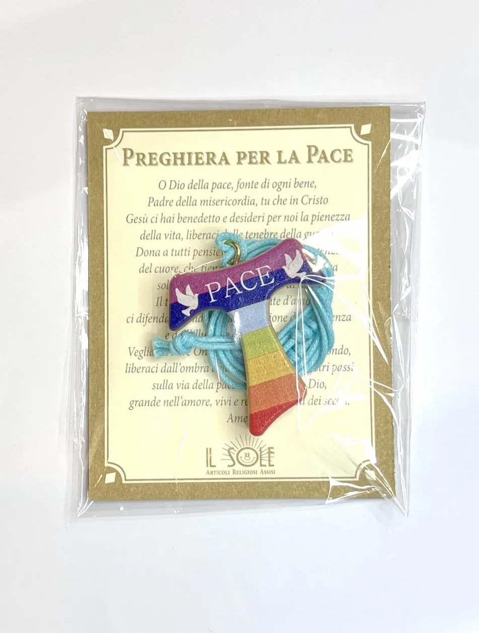 IL SOLE COLLANINE TAU DELLA PACE CON CORDONCINO COLORATO PREGHIERA IN ITALIANO E INGLESE 7 PZ