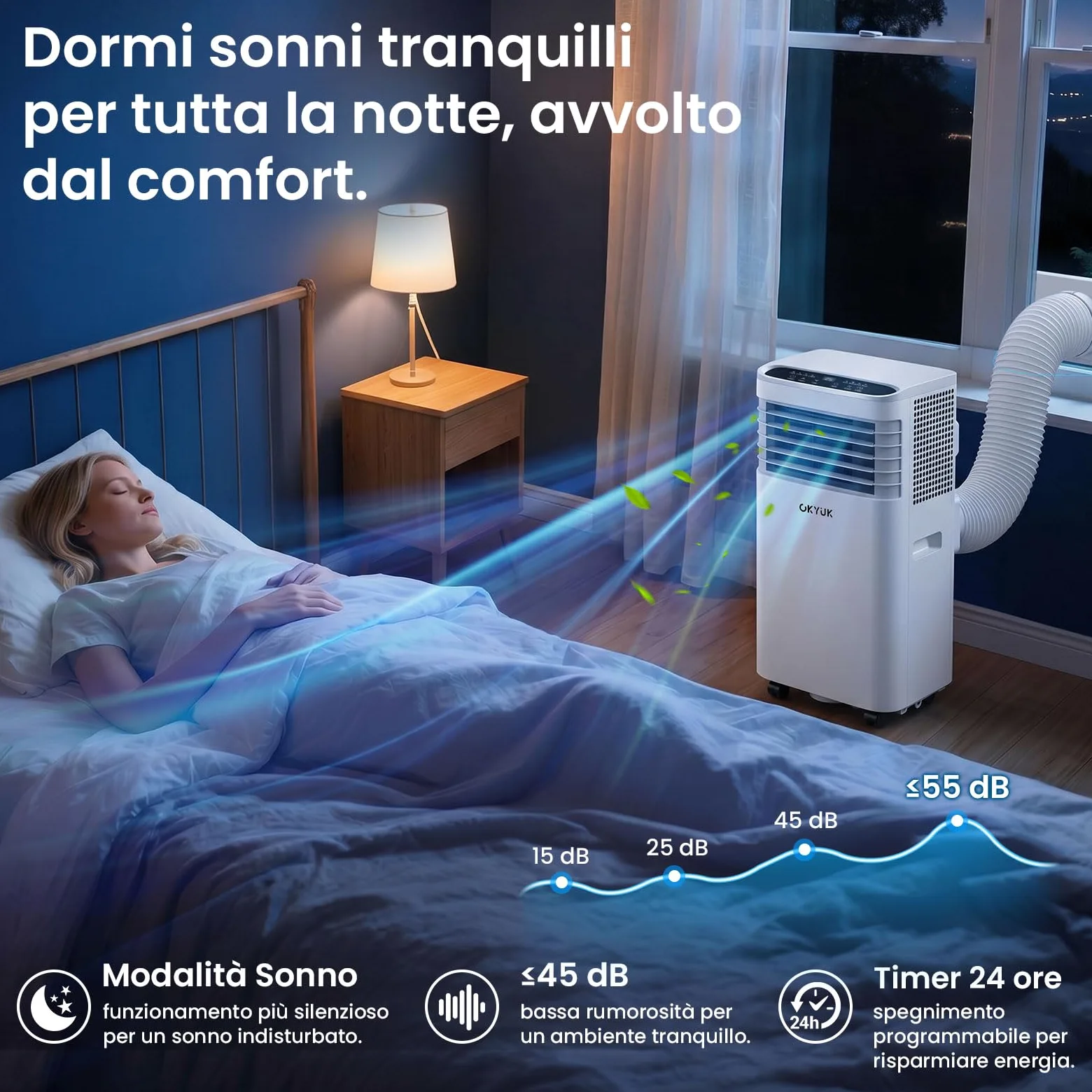 Climatizzatore mobile 7000 BTU con tubo di scarico, climatizzatore mobile 4 in 1, funzionamento silenzioso, display digitale + telecomando, kit di installazione per finestre, timer 24 ore, per stanze