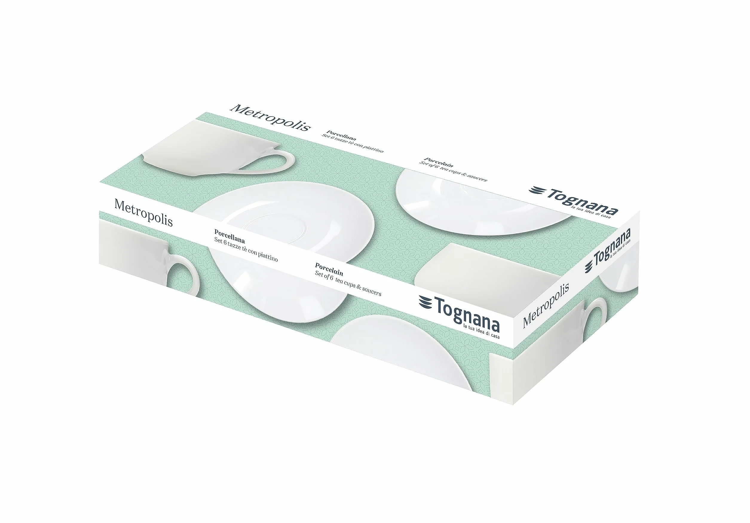Tognana Metropolis, Set 6 Tazzine Caffè con Piatto, Porcellana, Bianco, Diametro 12.50 cm, Altezza 7 cm, Volume: 100 cc