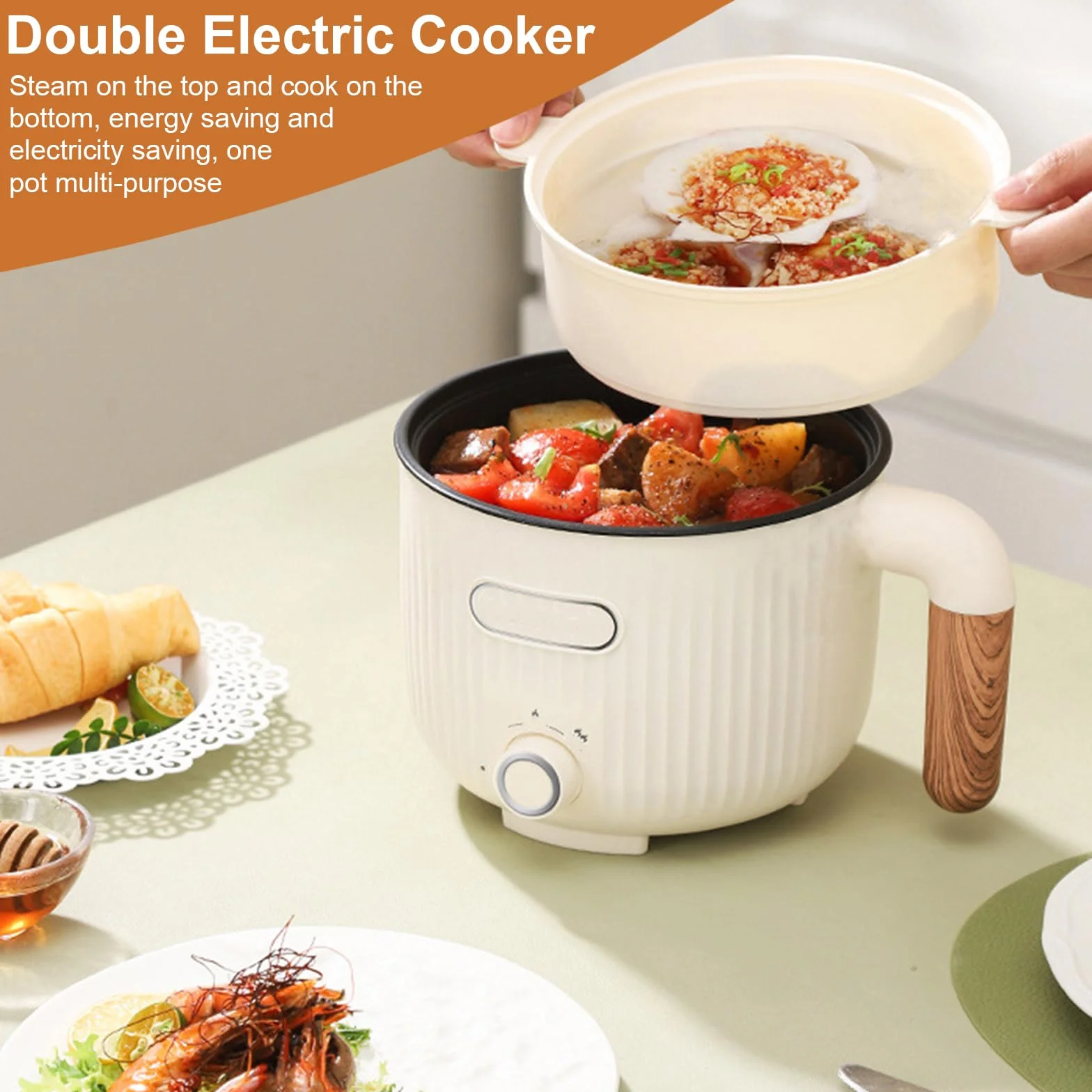 Elettrico Hot Pot Portatile Antiaderente Multicooker con Cestello a Vapore, Acciaio Inox, Doppio Controllo Potenza