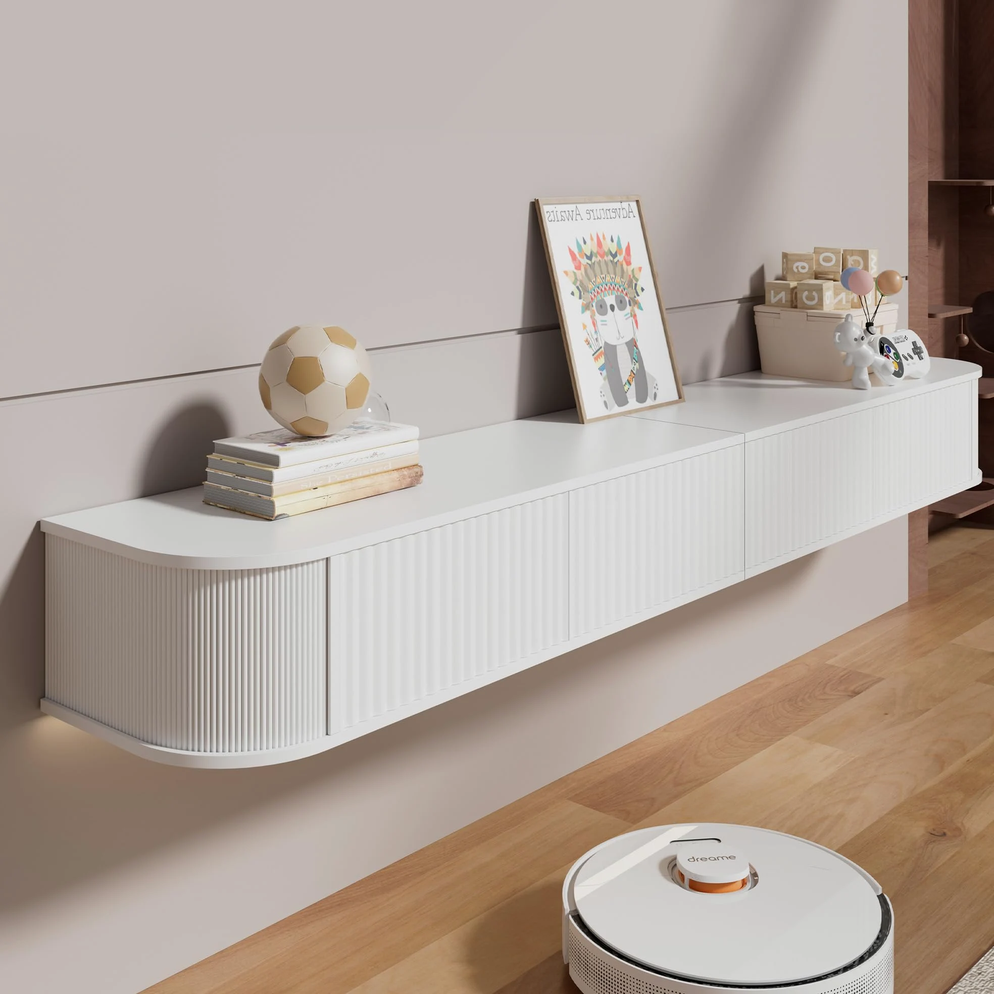 Mobile TV Sospeso con Luce LED – Mobile TV a Parete da 140CM con Archiviazione Migliorata & Bordi Arrotondati, Consolle Multimediale TV Moderna per TV da 65-75 Pollici