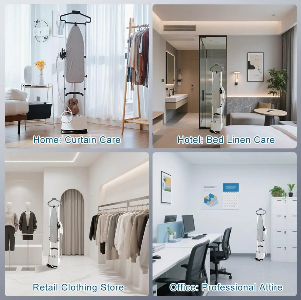 Ferro da Stiro Verticale Professionale: 1400W 6Bar 12 Livelli di Vapore Regolabili con Asta Telescopica Piastra Ceramica Ideale per Tende/Hotel/Ufficio/Camicie/Tessuti/Casa/Lavanderia