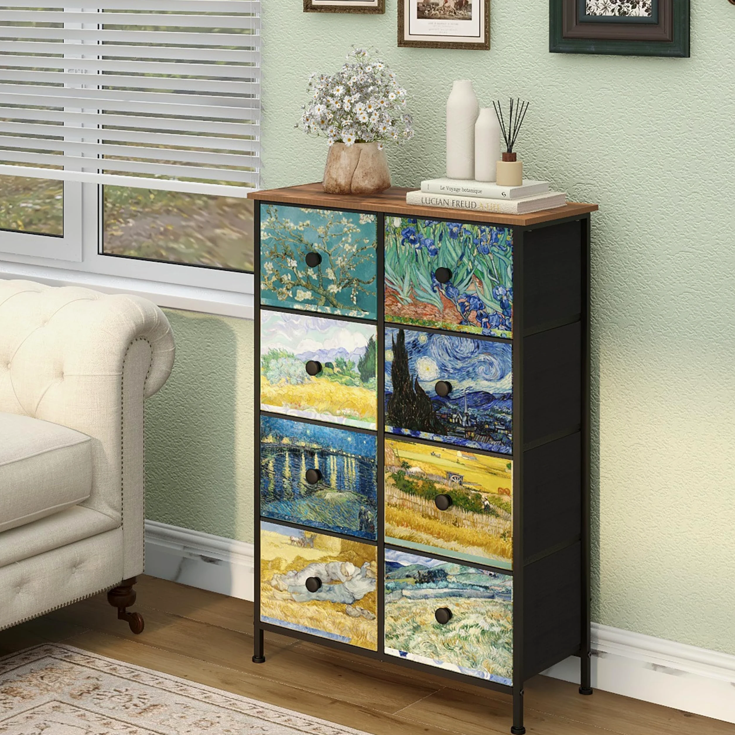 VEDECASA - Cassettiera sottile, alta, con 8 cassetti , motivo Van Gogh, per cameretta dei bambini, soggiorno, corridoio, camera da letto, ufficio, struttura in metallo e pannello in legno