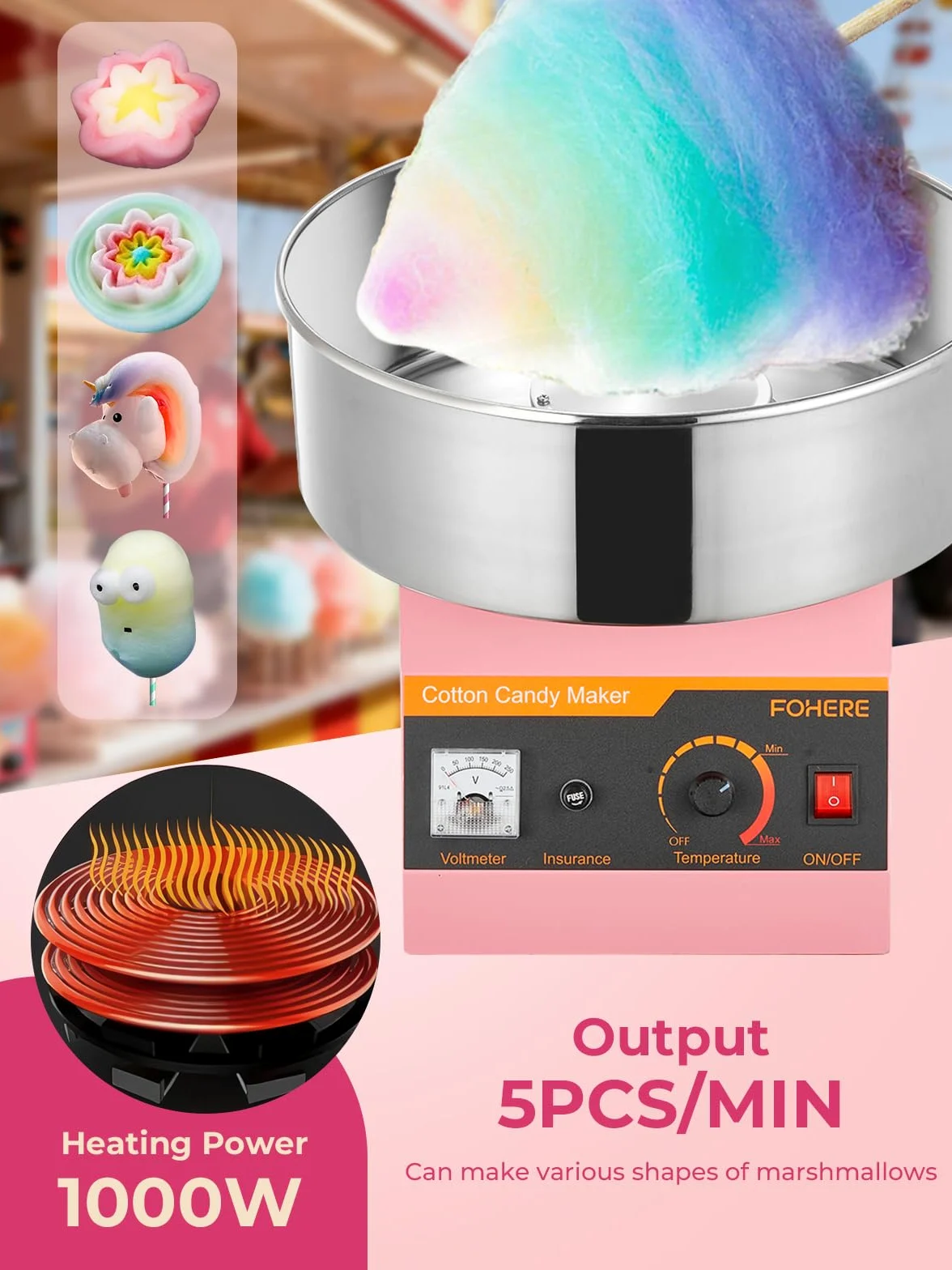 FOHERE Macchina Zucchero Filato Commerciale, Elettrodomestici Macchina per Zucchero Filato da Banco Commerciale 1000W Capienza Ciotola,per Compleanni, Feste Eventi Carnevale, Rosa