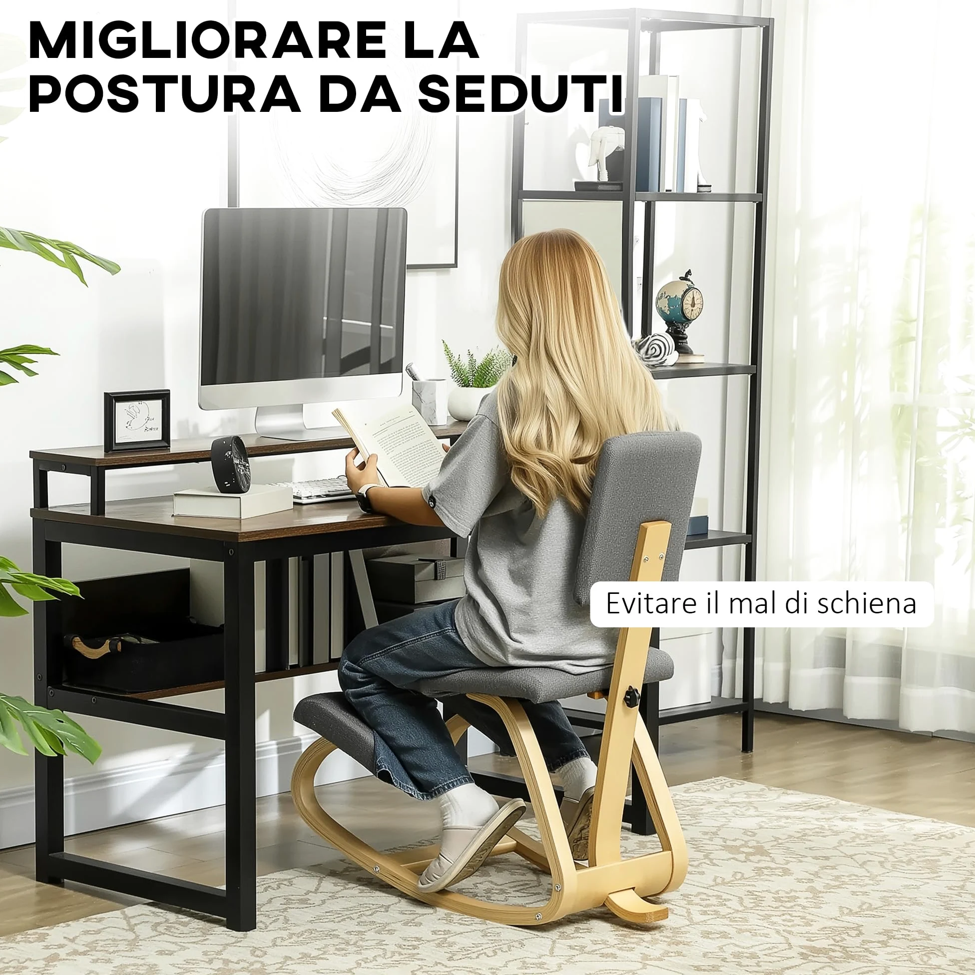 HOMCOM Sedia Ergonomica a Inginocchiatoio con Movimento a Dondolo, Sedia Ergonomica Imbottita Posturale in Tessuto Effetto Lino e Legno di Betulla, 51x84x93 cm, Grigio