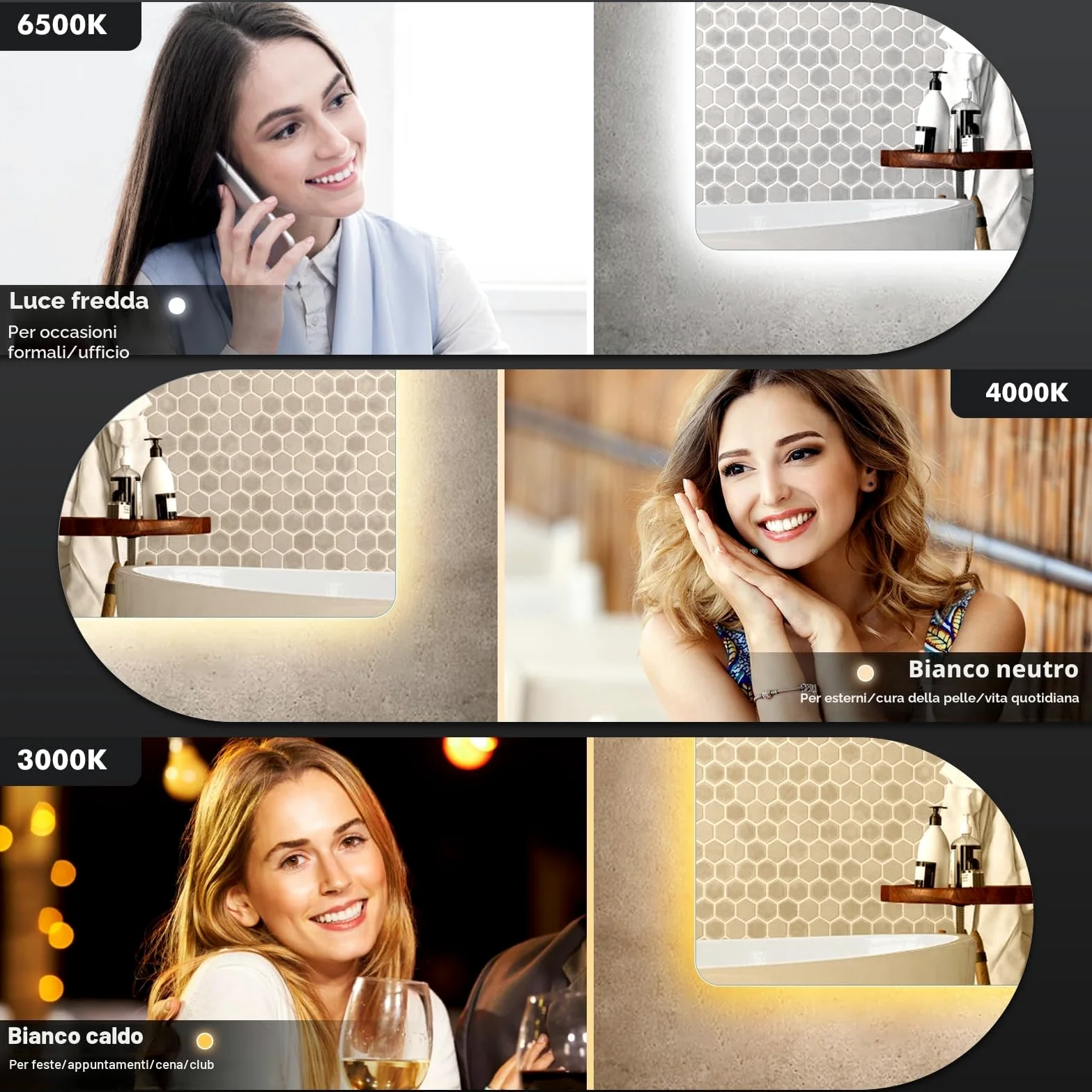 Specchio Bagno con Luce, asimmetrico con illuminazione, 500x700 mm, LED con interruttore touch, anti-appannamento, bianco freddo, 6400K, specchio luminoso a risparmio