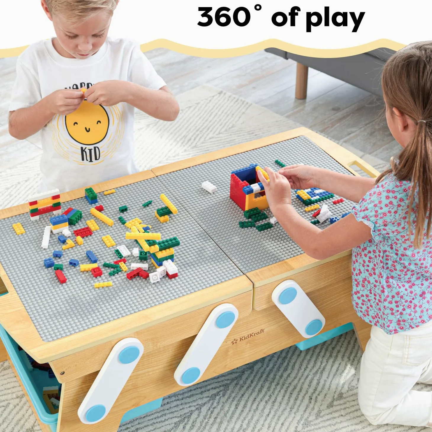 KidKraft Tavolino Play N Store in Legno con Mattoncini Costruzioni, Tavolino con Contenitori Portaoggetti, Mobili per Cameretta e Sala Giochi per Bambini, 17512