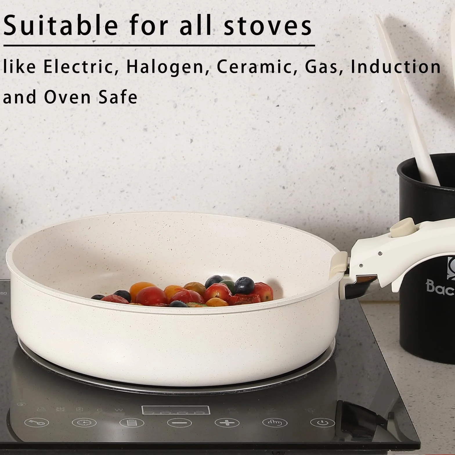 9 pentole e padelle in ceramica antiaderente, manico rimovibile，atossiche, adatte all'induzione e alla cottura in forno, senza PTFE e PFOS, bianco