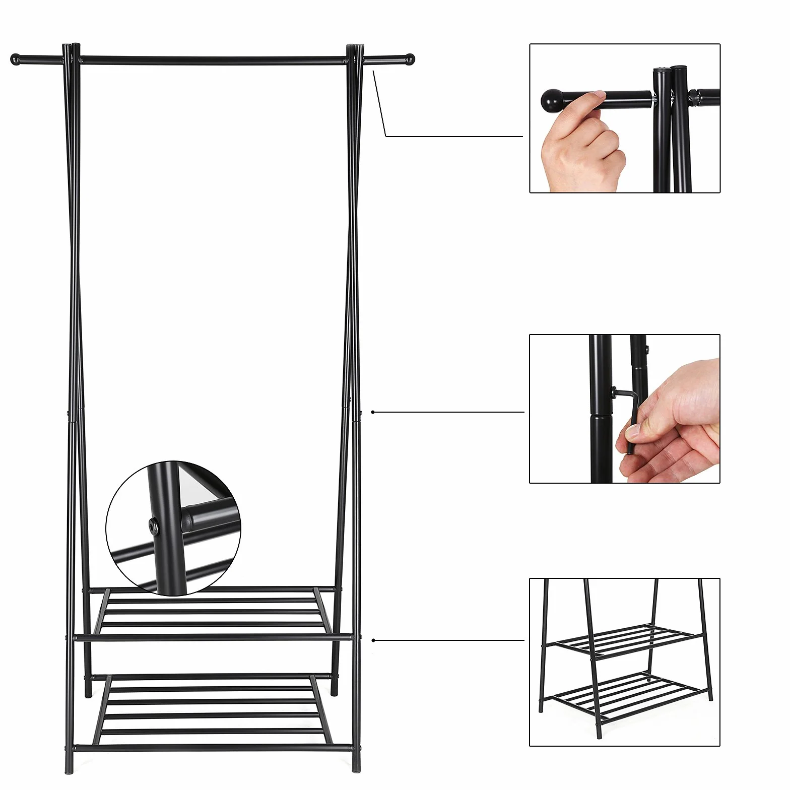 SONGMICS Appendiabiti con 2 Ripiani Portaoggetti Portascarpe, Struttura in Metallo, Salvaspazio, Ideale in Camera da Letto, Corridoio, Ufficio e Altre Stanze, Nero HSR05B