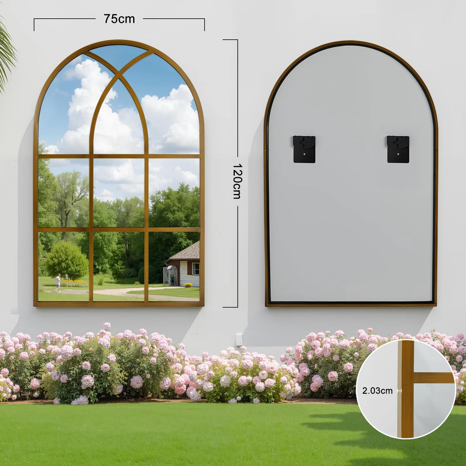 Reflix Specchio ad arco per finestra, 75 x 120 cm, specchio da parete per decorazione giardino all'aperto, specchio ad arco gotico invecchiato con cornice in alluminio per corridoio, soggiorno, camera