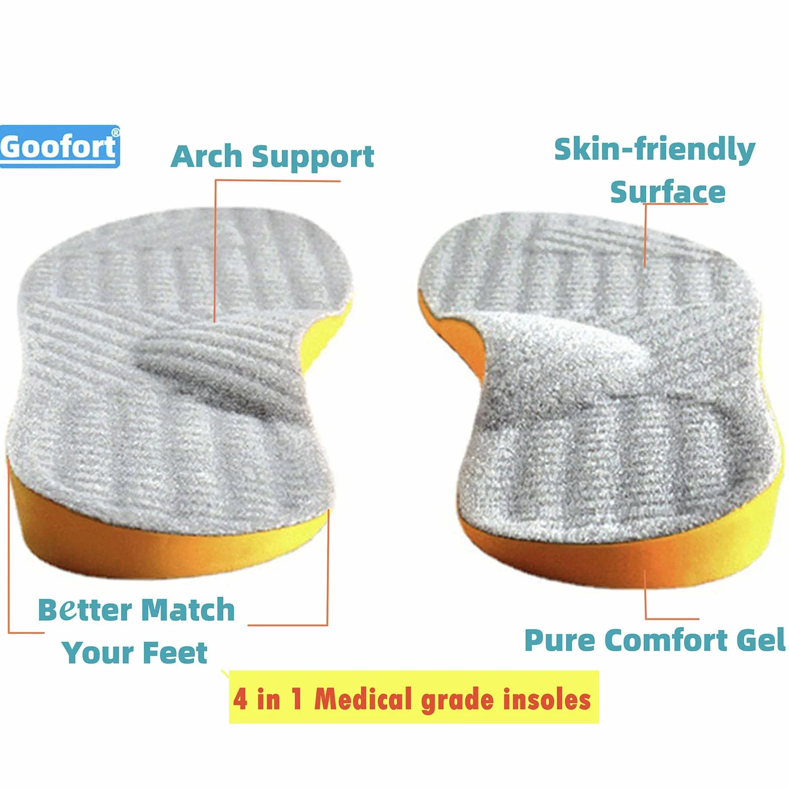 Goofort Solette ortopediche per correggere la postura, 4 in 1, in gel, per donne e uomini, fascite plantare, pronazione, piedi piatti, supporto per arco alto, metatarsalgia X/O, valgo, varo