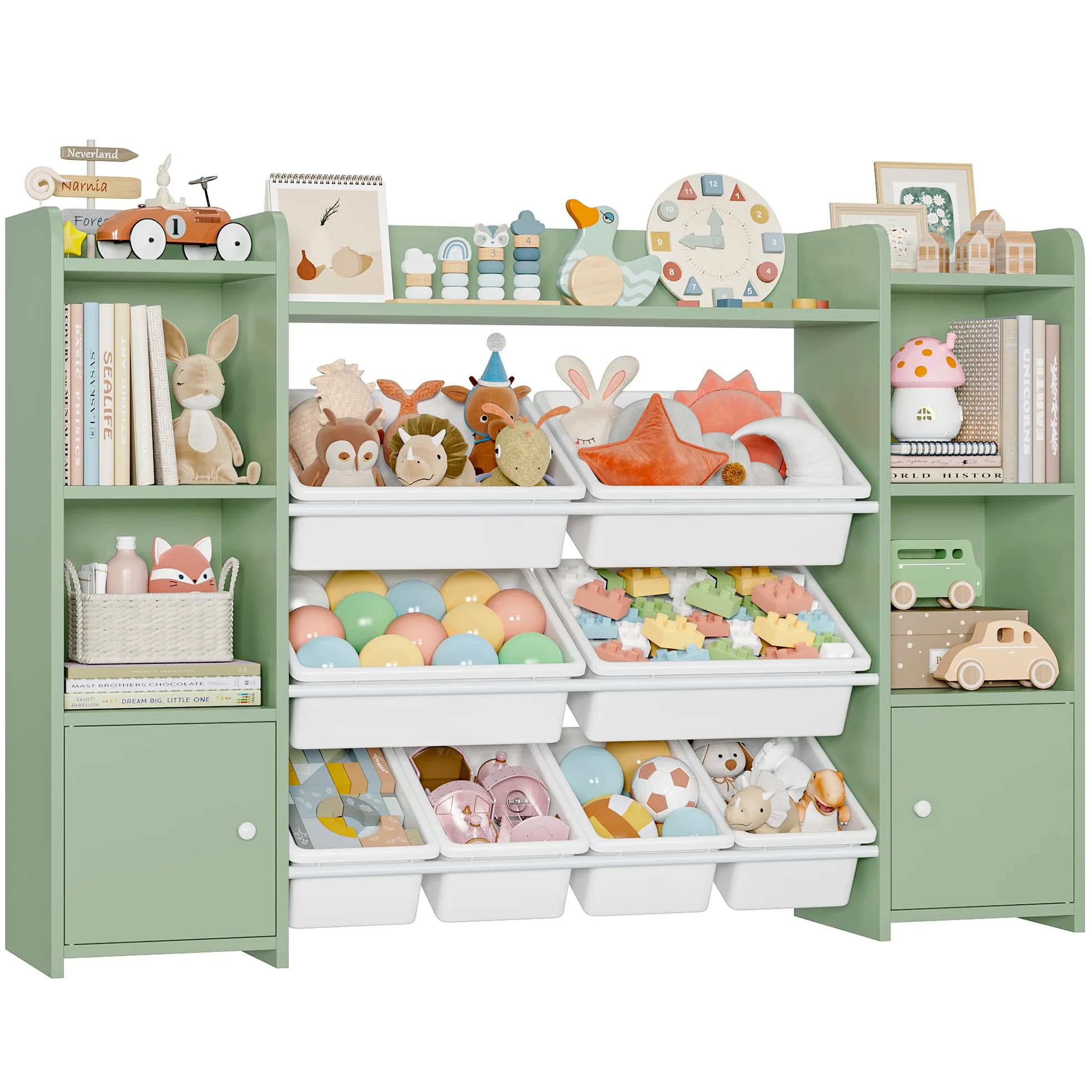 FOREHILL Scaffale per Giocattoli con 8 Contenitori Rimovibili in Plastica,Organizzatore Libreria per Bambini con Mensola Aperti, per Camera dei Giochi, 138.8 x94.3x29.6cm (Verde)
