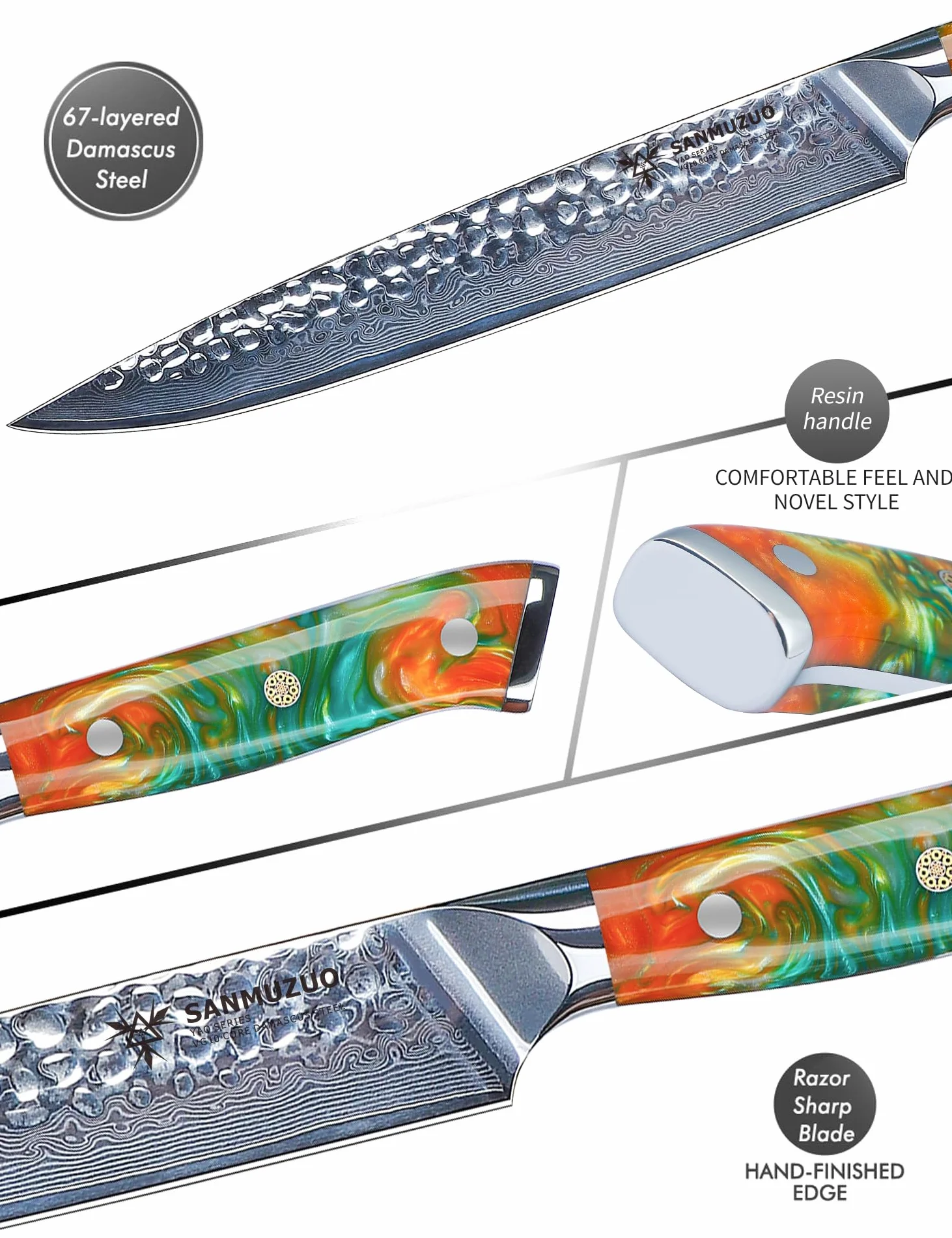 Coltello da intaglio da 20 cm, coltello per affettare la carne, coltello giapponese per sushi - acciaio damasco martellato e manico in resina - Serie YAO