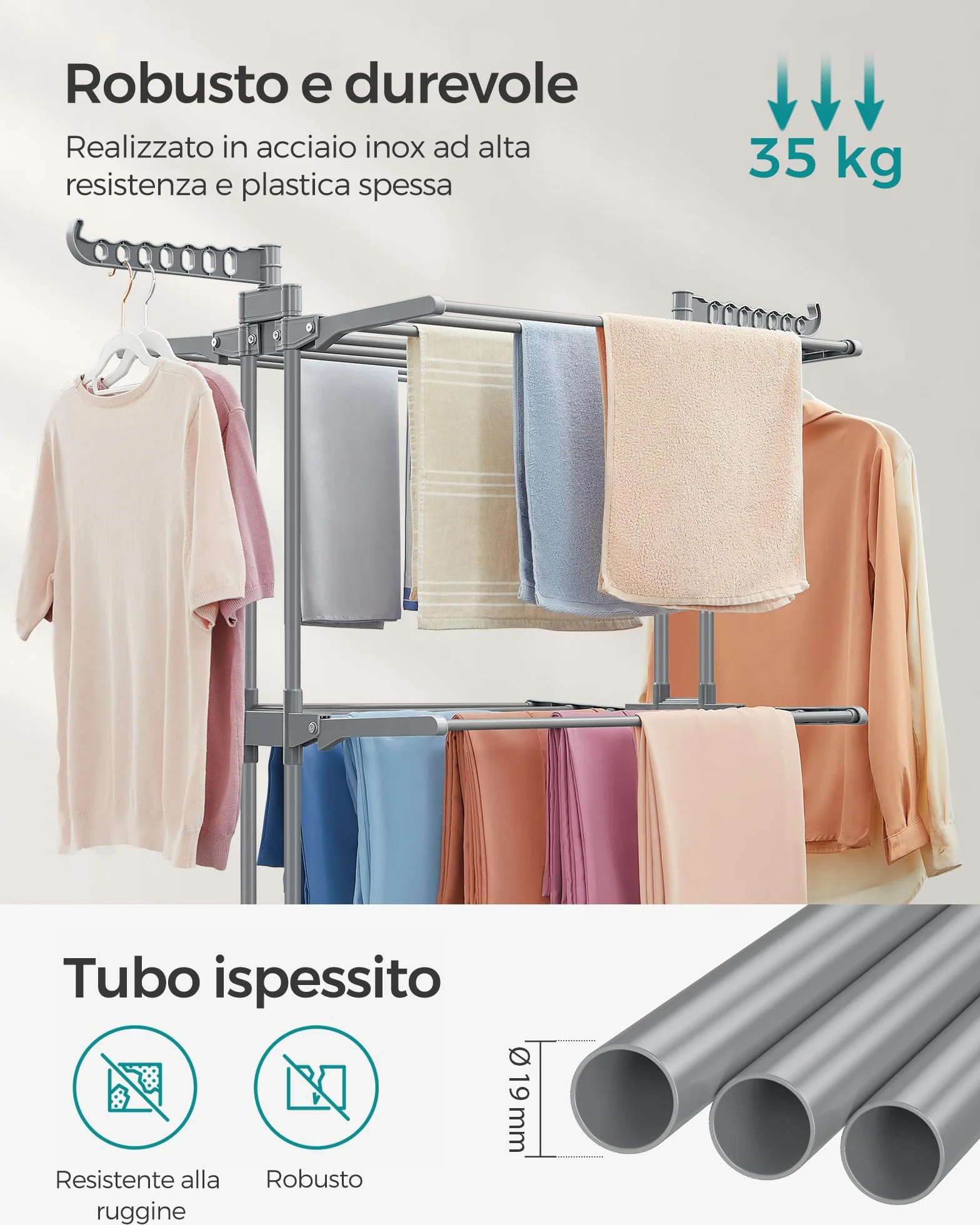 SONGMICS Stendibiancheria Pieghevole 4 Livelli con Ruote 63,5x128x173 cm Grigio LLR701G01