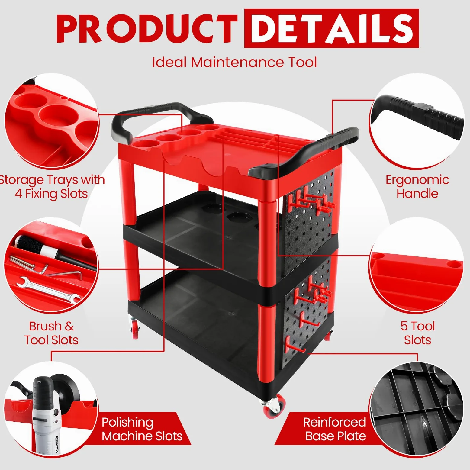 Carrello per dettagli auto con ruote, carrello per dettagli auto a 3 livelli con assi e ganci appesi, organizer per autolavaggio per garage, officina, casa fai da te