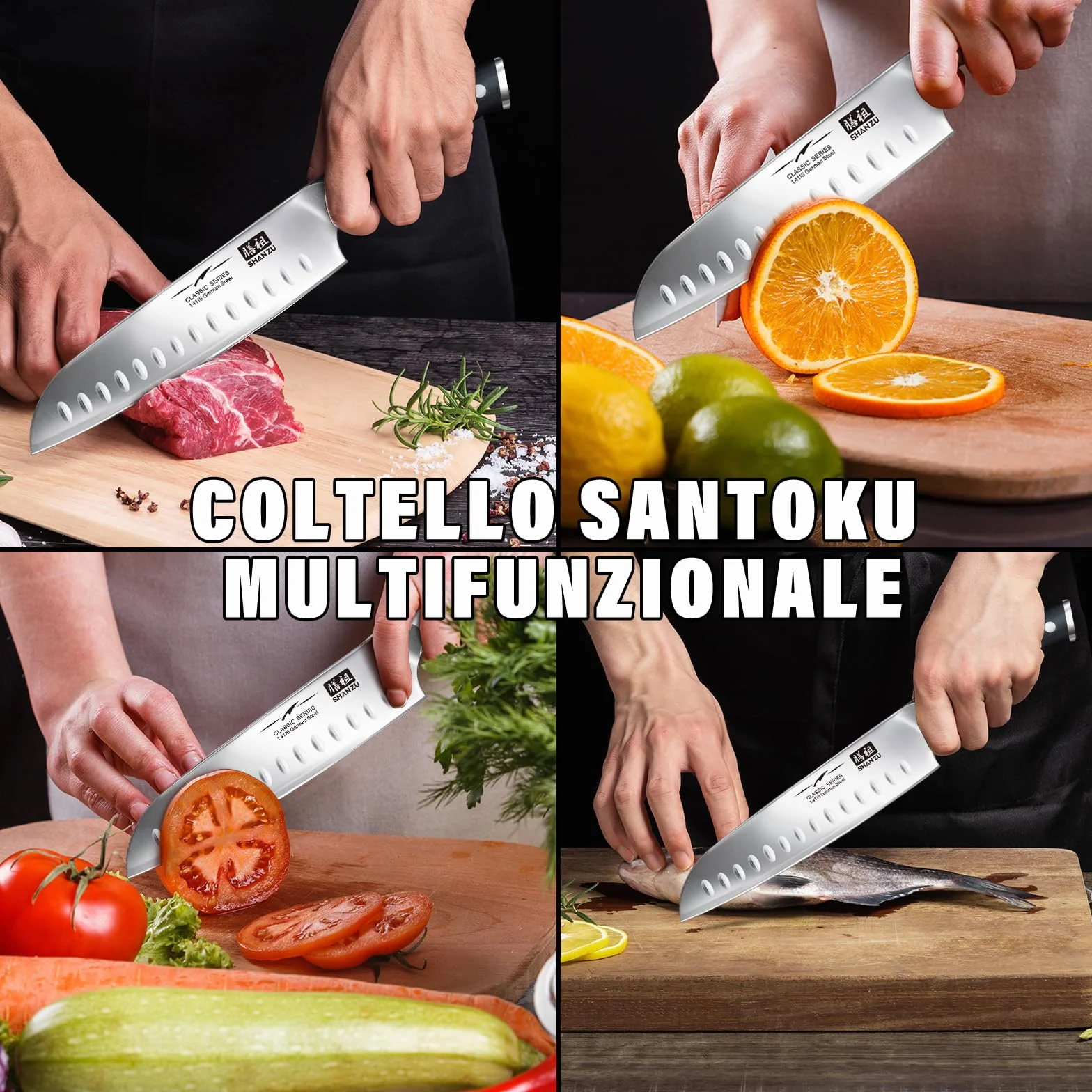 SHAN ZU Coltello da Chef Santoku 18 cm Acciaio Inox German 3 Strati Manico Pakkawood