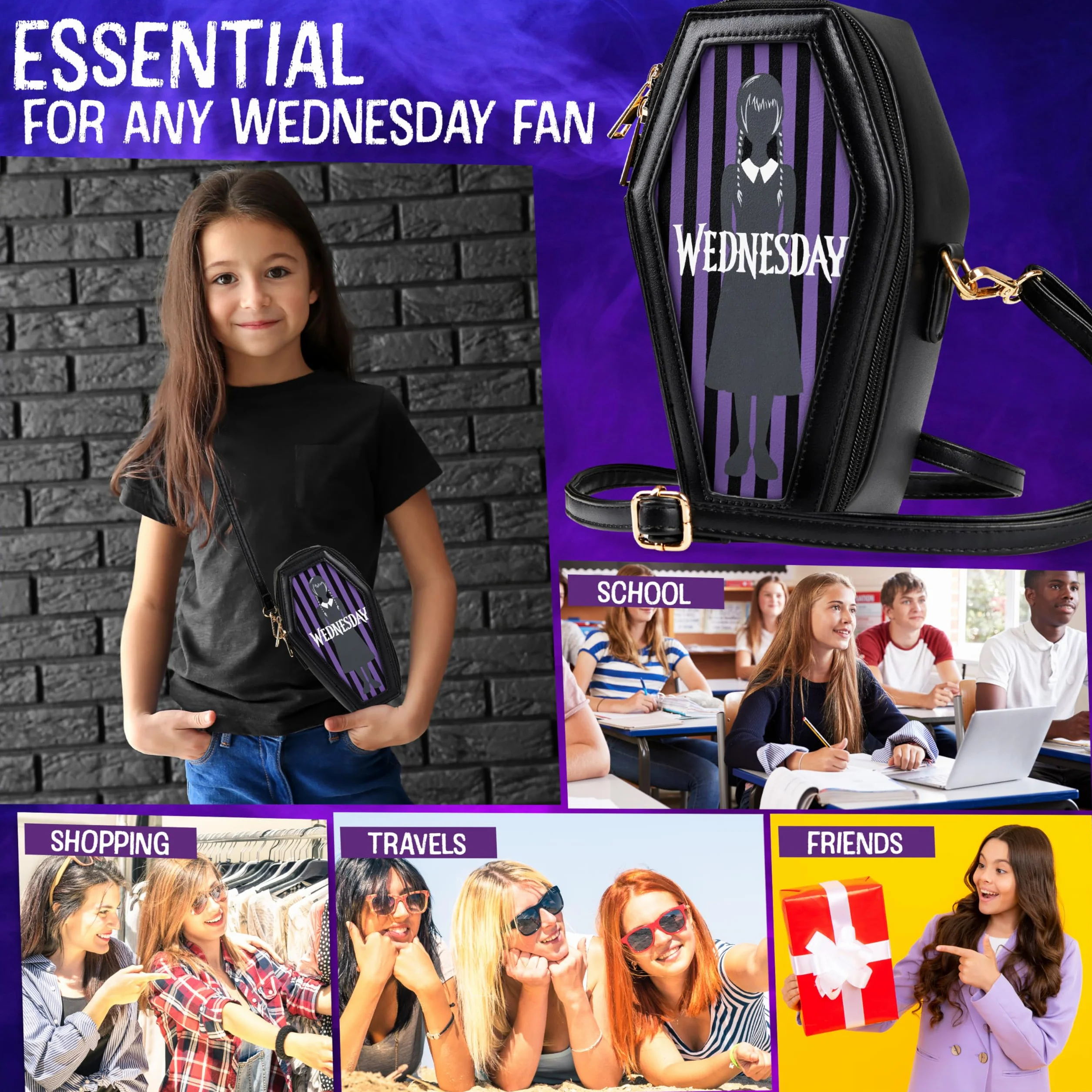Wednesday Borsa Bambina Adolescenti Borsetta Tracolla Ragazza con Cinturino Rimovibile Viaggi Shopping Gotico Idee Regalo