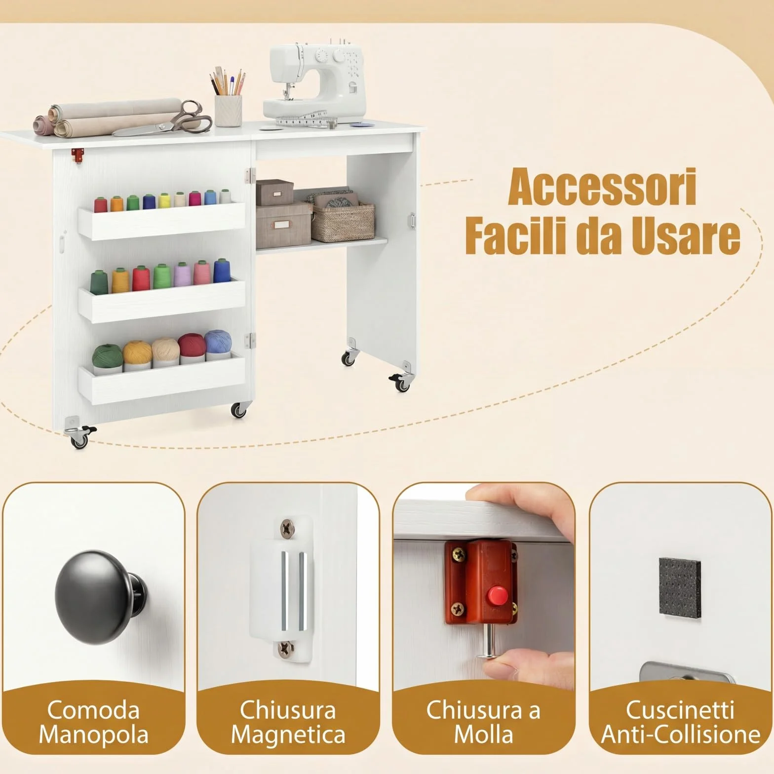 RELAX4LIFE Tavolo da Cucito Pieghevole con Ampio Piano del Tavolo, 3 Vani, Ripiano Portaoggetti,Mobiletto Salvaspazio con Ruote per Ago, Filo e Forbici (Bianco, Senza Prese)