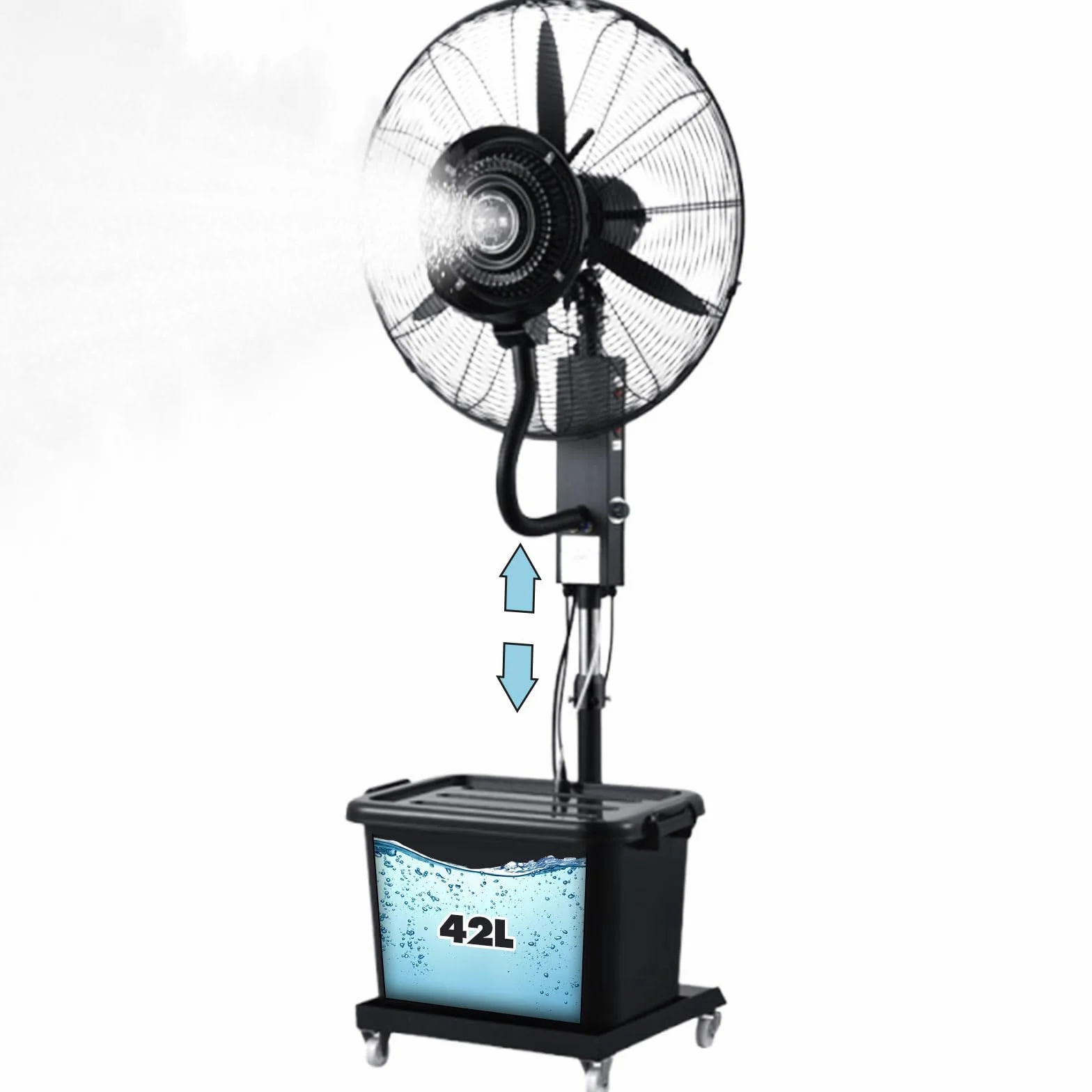Ventilatore a Nebulizzazione Industriale da Esterno, Raffrescatore ad Acqua Professionale con Serbatoio 42L, 3 Velocità, Oscillazione 90°, per Officina, Patio e Terrazza,71cm,Altezza 160-200cm
