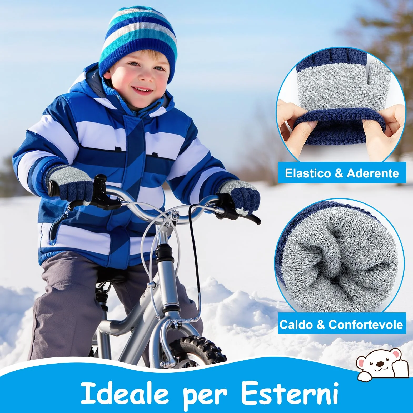Kiiwah 3 Paia Guanti Invernali a Dita Bambini, Guanti in Maglia Magici Elasticizzati Termici Morbidi Blu, Blu navy, Grigio per Ragazzi (Età 7-9 Anni)