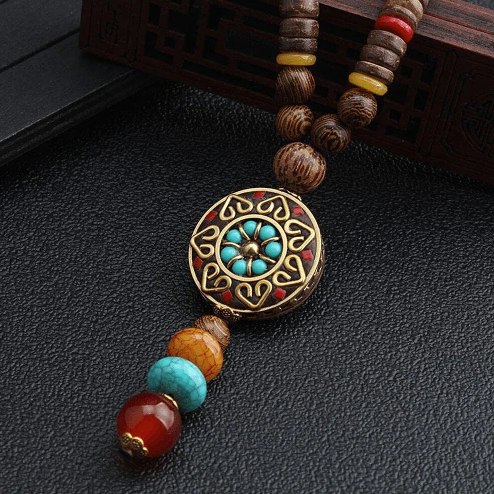 Collane di Perline in Legno Collana Vintage Etnica Fatta a Mano Nepal Meditazione Preghiera Maglione con Collana Lunga con Ciondolo