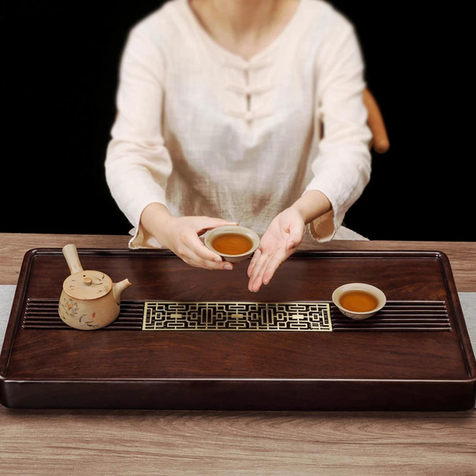 Reservoir Type Tea Tray, Chinese Gongfu Tea Tray with Water Storage, Oolong Tea Tray Cup Platter with Drain Hole, for Living Room, Tea Room, Office (60 * 30 * 4.5cm)