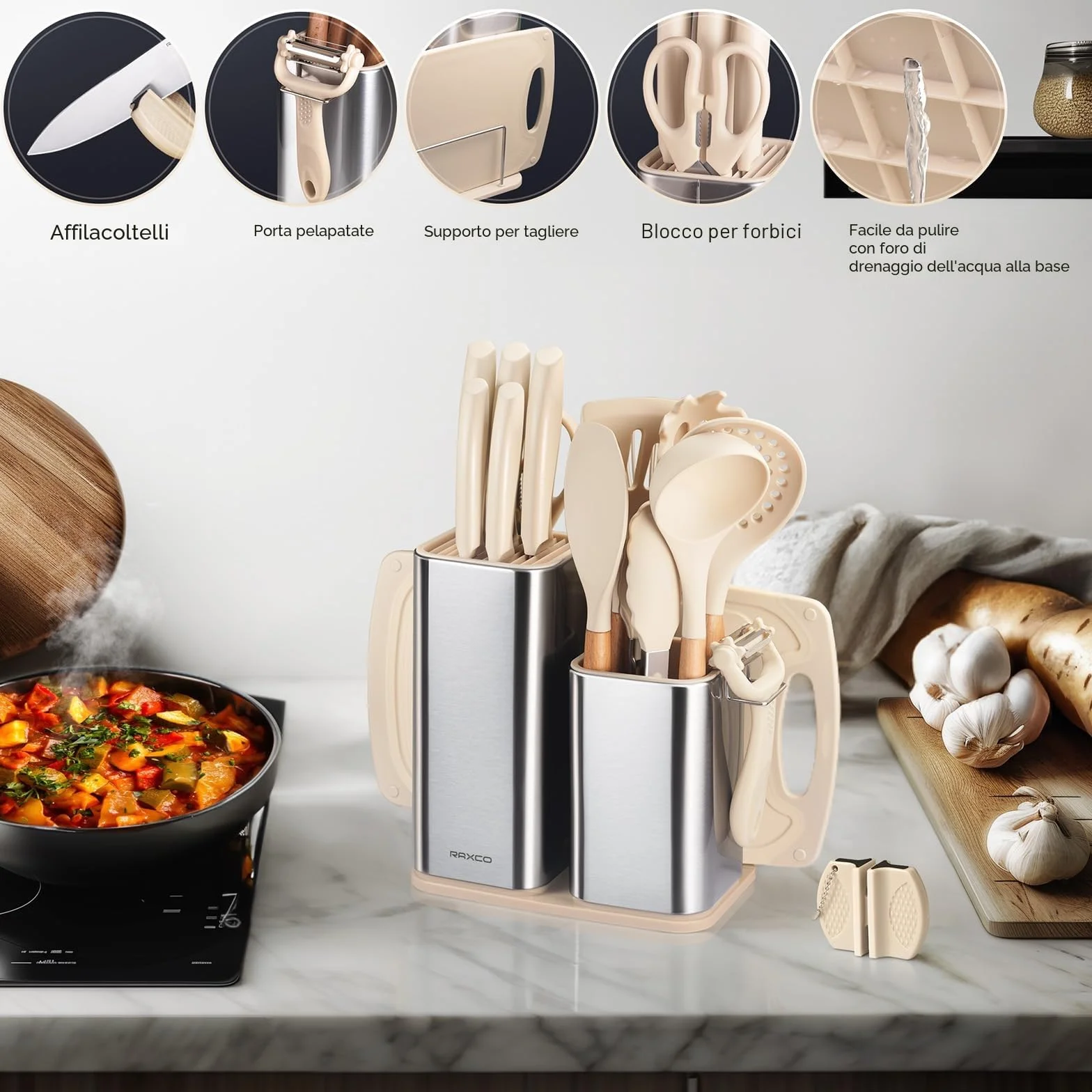 RAXCO Set di coltelli da cucina con blocco 18 pezzi 5 coltelli 7 spatole in silicone Cachi