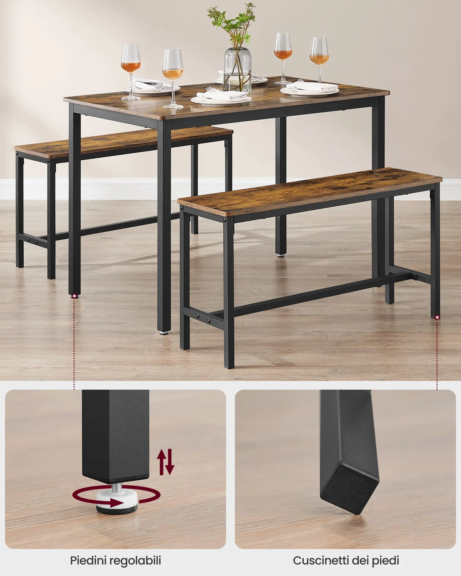 VASAGLE Tavolino da Pranzo con 2 Panche, Set di 3 Pezzi, Tavolo da Cucina 70 x 110 x 75 cm, 2 Panche 30 x 97 x 50 cm, Struttura in Acciaio, Marrone Vintage e Nero KDT070B01