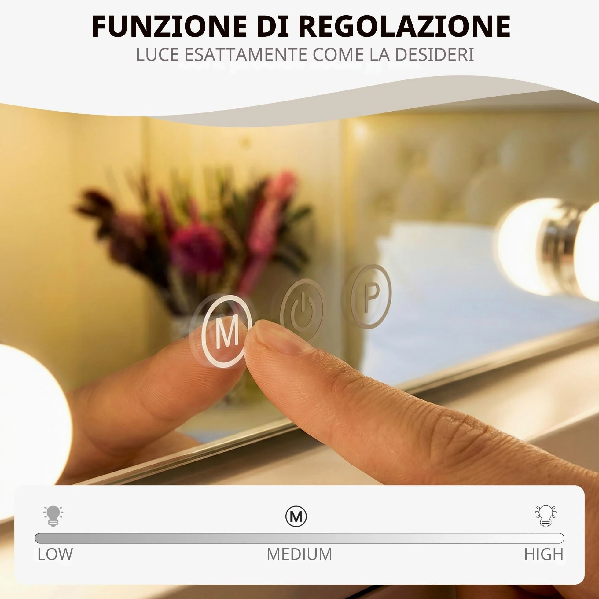 Bayt Specchio Hollywood con luci LED – Specchio Trucco Bianco 58x46 cm con 15 Lampadine Dimmerabili, 3 Tonalità di Luce (calda, fredda, naturale), Touch Screen & Specchietto Ingranditore 10x