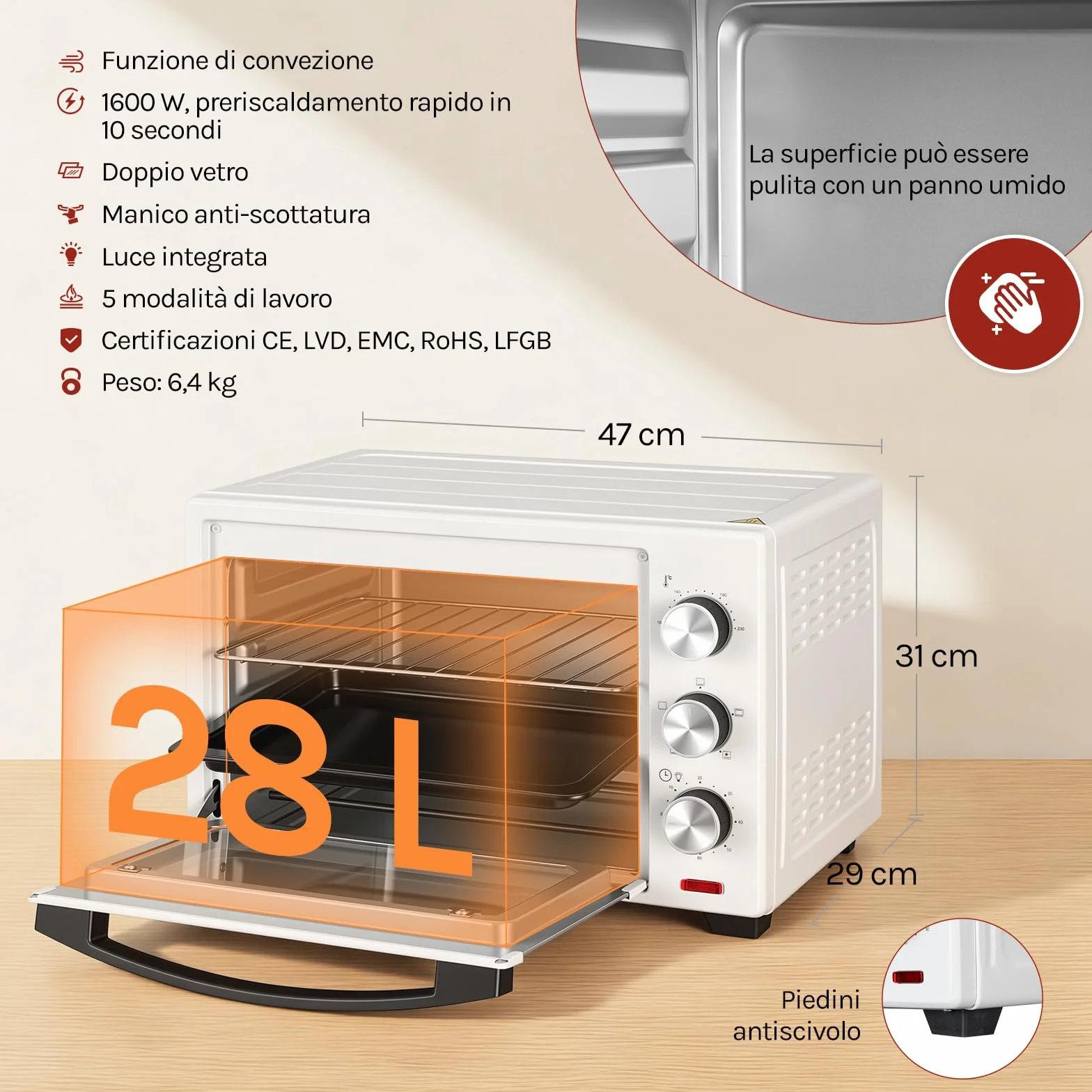 WOLTU Fornetto Elettrico 28L 1600W Temperatura 100-230°C Timer 0-60min Doppio Vetro Bianco