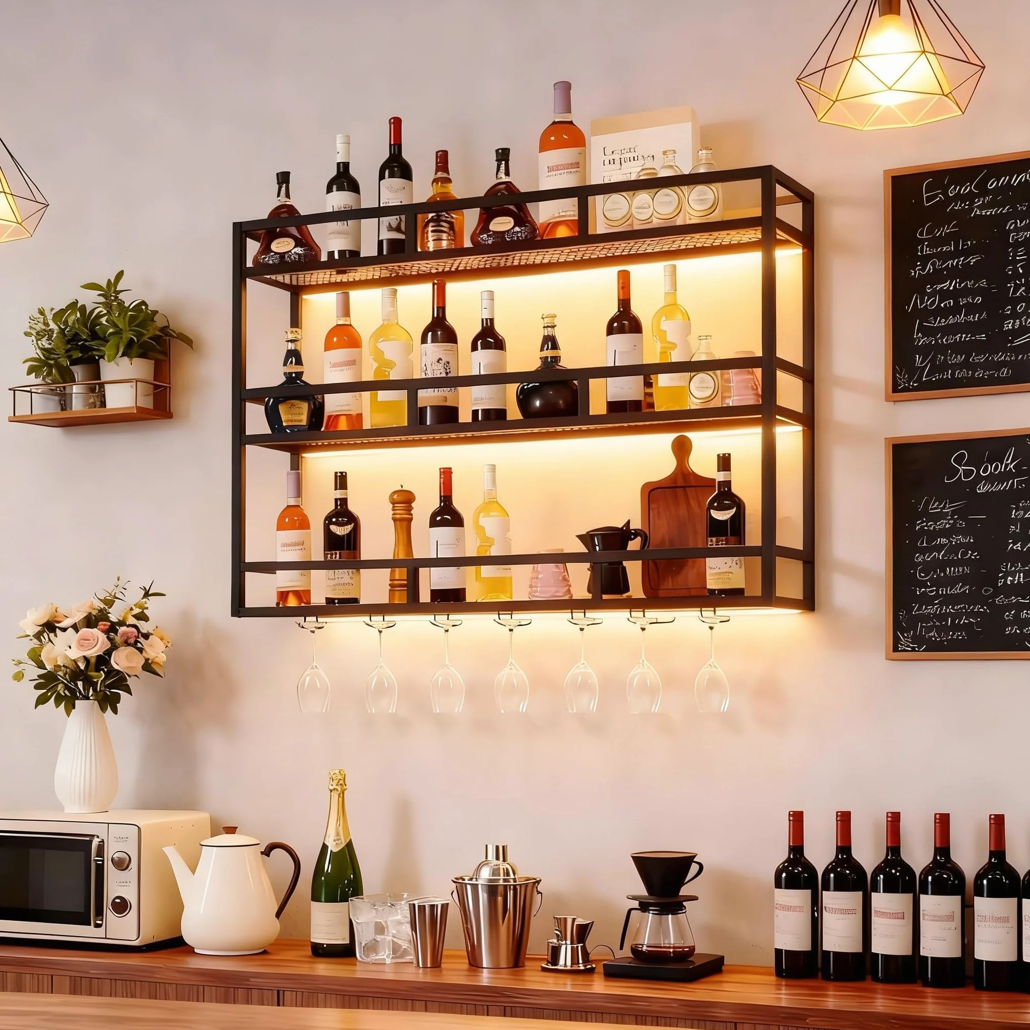 Portabottiglie da Parete con Portabicchieri a LED, Scaffale Moderno in Metallo 100 cm a 3 Livelli, Mensola Bar per Casa, Cucina e Locale Commerciale