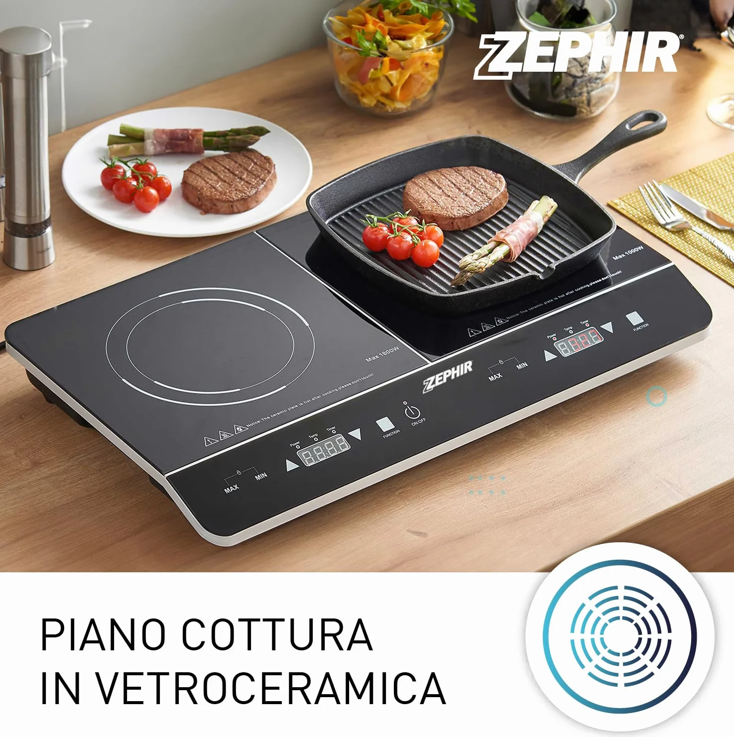 Zephir, Doppia Piastra a Induzione Portatile Potenza Max 2800W, 10 Livelli di Temperatura e di Potenza, Piastre in Vetro Temperato per Pentole Diametro 12-26 cm, Timer 180 Minuti (Doppia)