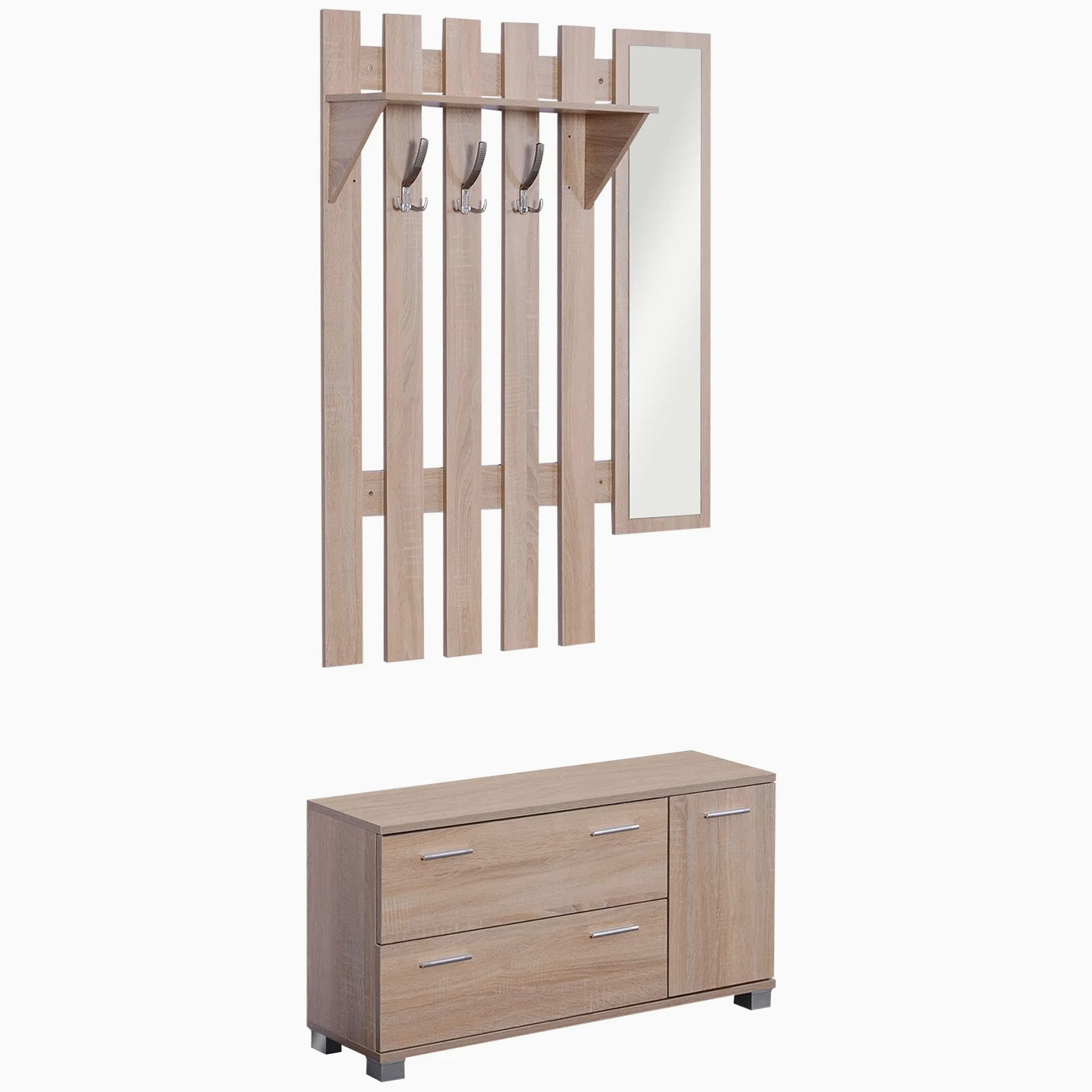 HOMCOM Set Arredo Guardaroba 3 in 1 con Specchio e Scarpiera da Ingresso Pannello Truciolare 90 x 21.5 x 116cm Quercia